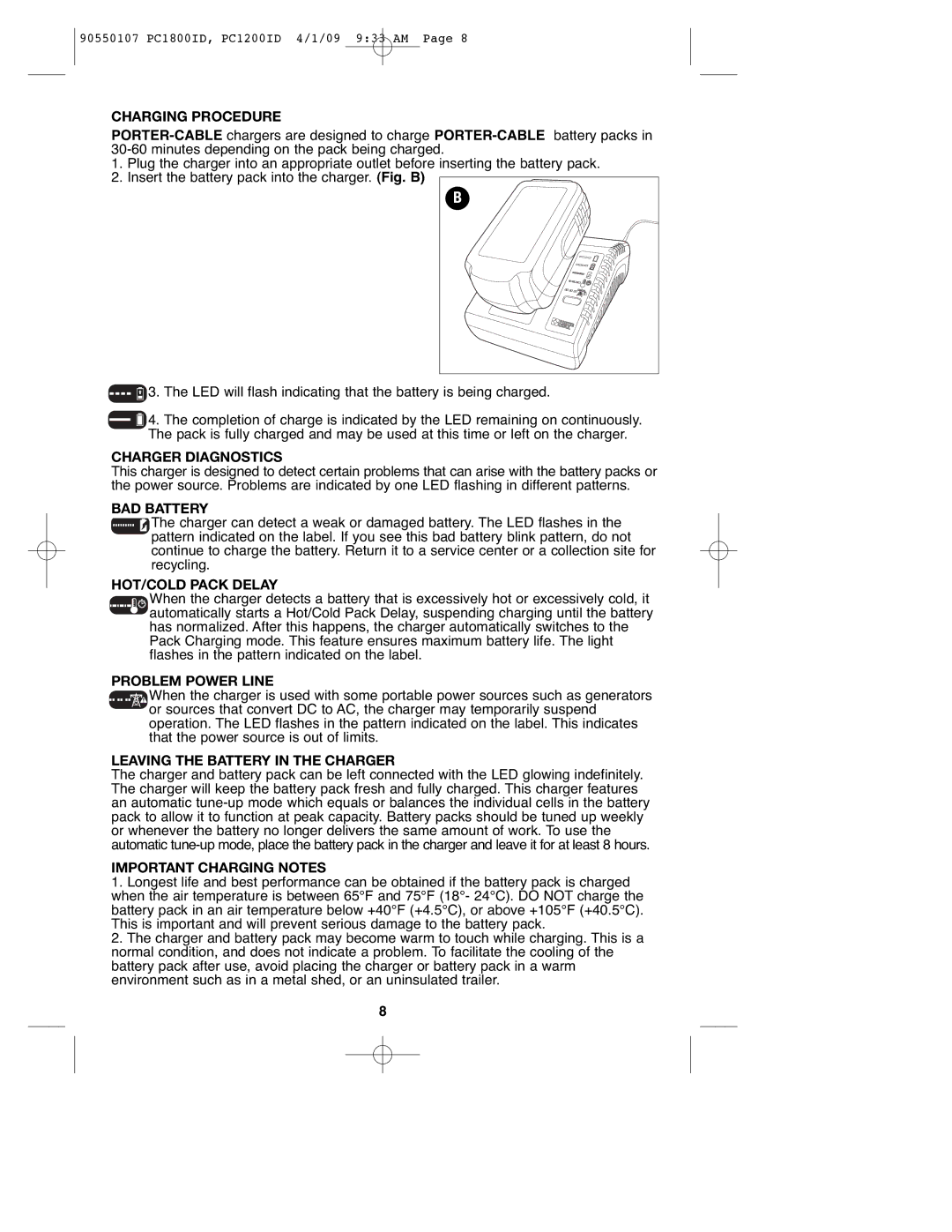 Porter-Cable PCL180ID Charging Procedure, Charger Diagnostics, BAD Battery, HOT/COLD Pack Delay, Problem Power Line 