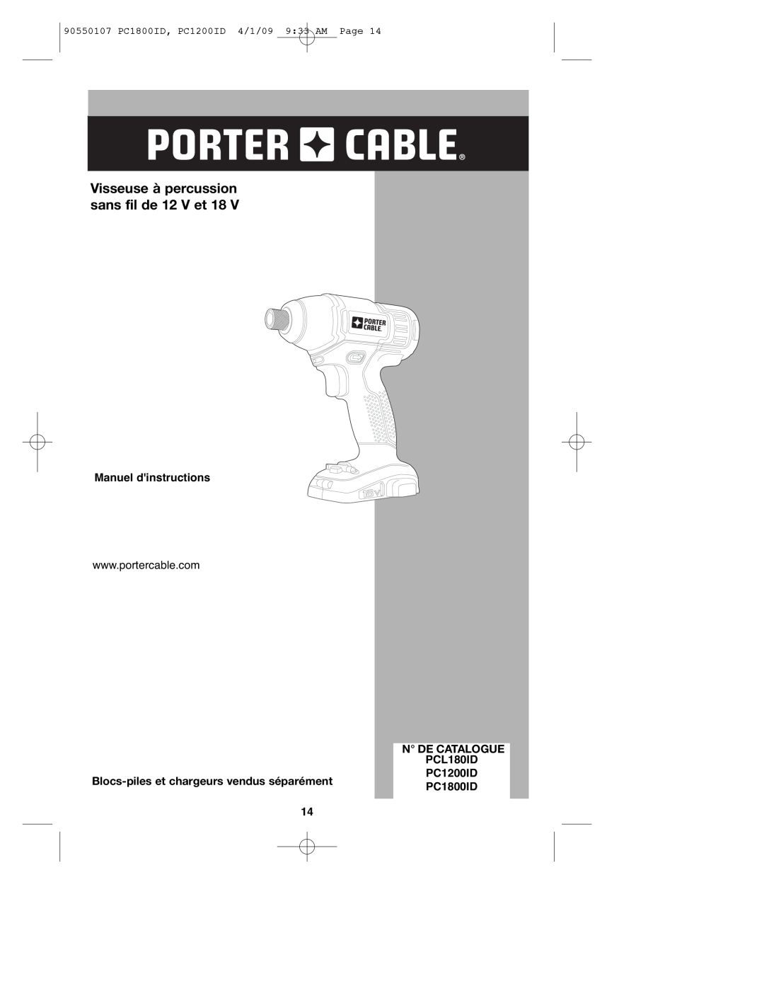 Porter-Cable 90550107 Visseuse à percussion sans fil de 12 V et 18, Manuel dinstructions, N De Catalogue, PCL180ID 
