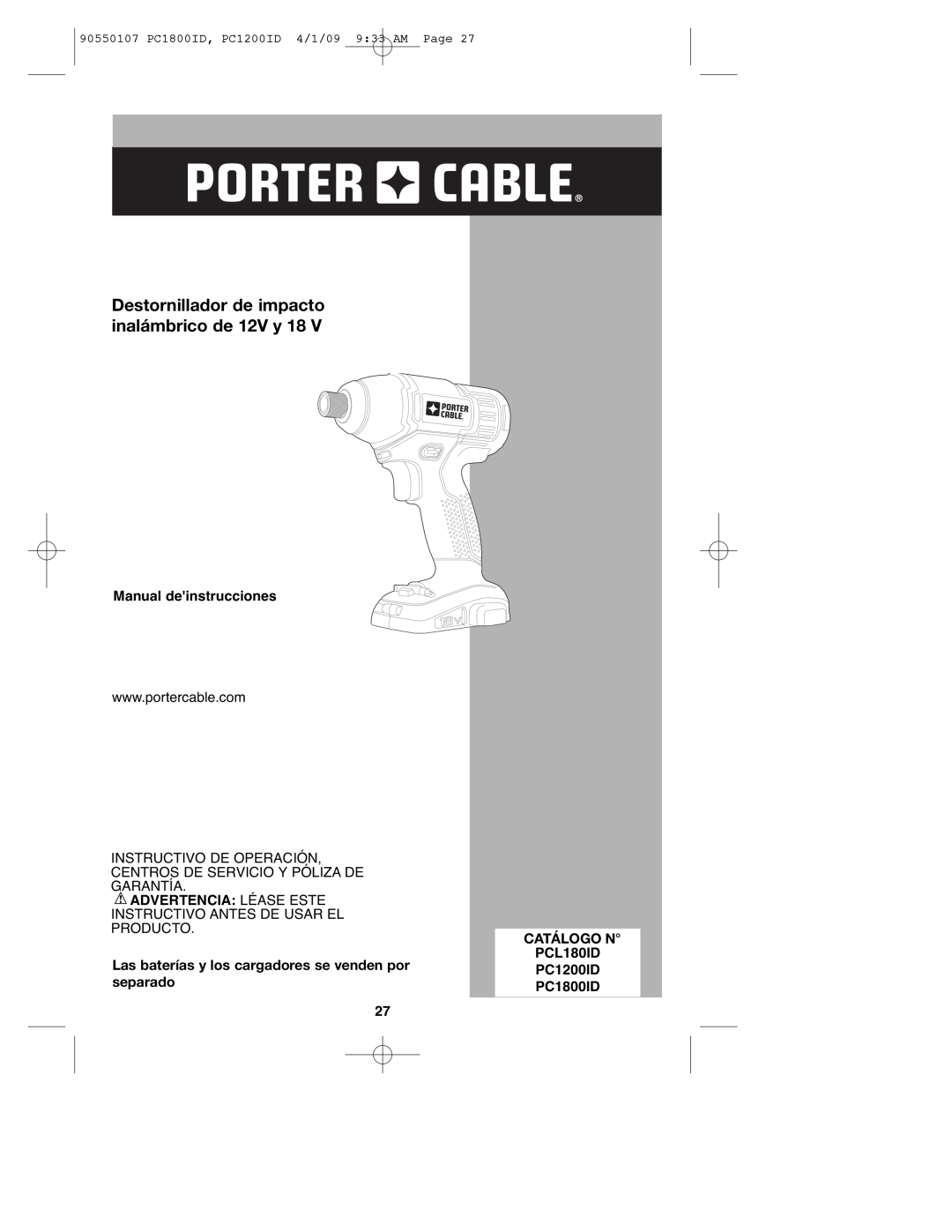 Porter-Cable PC1200ID, PCL180ID, PC1800ID, 90550107 Destornillador de impacto inalámbrico de 12V y 18, Catálogo N 