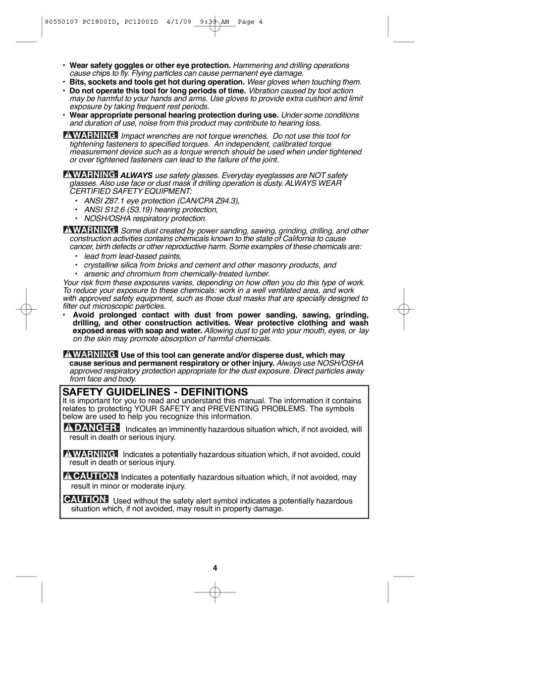 Porter-Cable PCL180ID, PC1800ID, 90550107, PC1200ID instruction manual Safety Guidelines - Definitions 