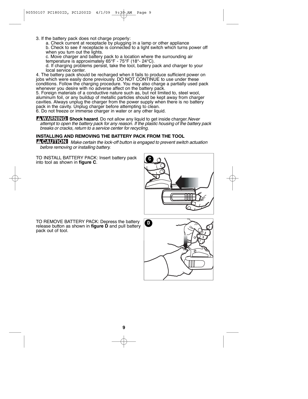 Porter-Cable PC1800ID, PCL180ID, 90550107, PC1200ID instruction manual Installing And Removing The Battery Pack From The Tool 