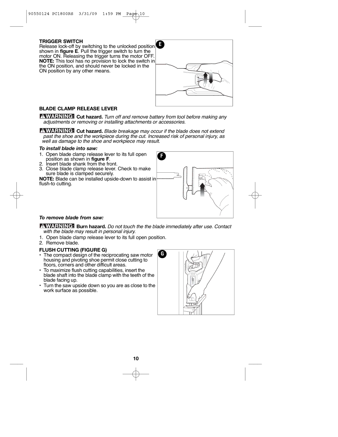 Porter-Cable PC1800RS, PCL180RS, 90550124 Trigger Switch, Blade Clamp Release Lever, Flush Cutting Figure G 