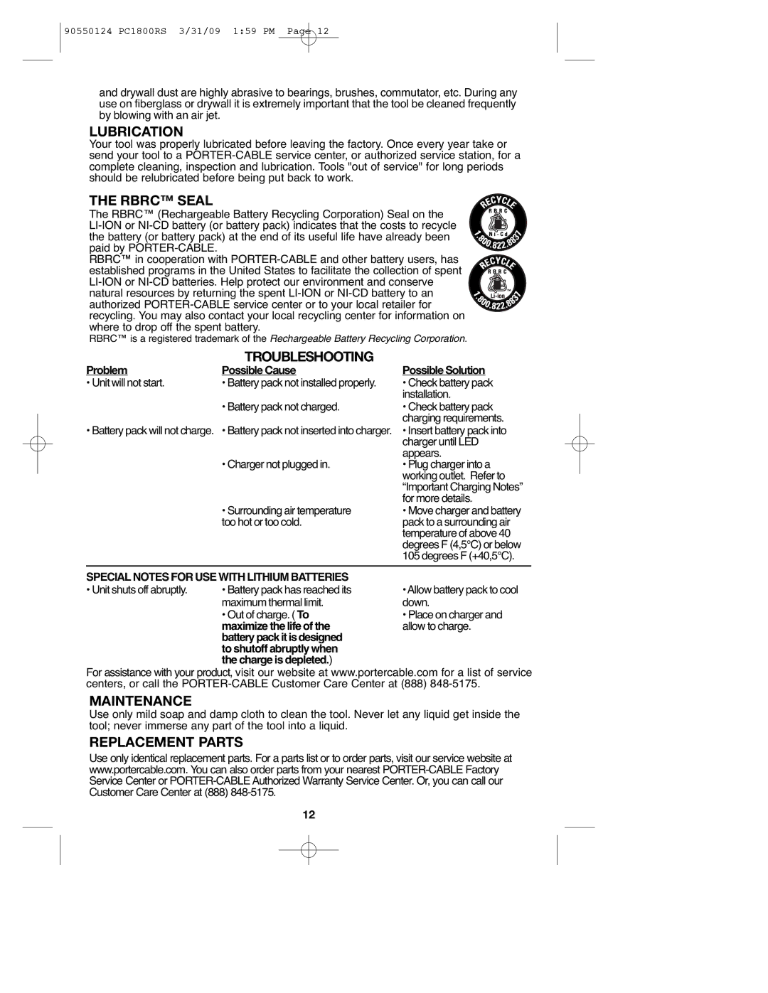 Porter-Cable PCL180RS, PC1800RS, 90550124 instruction manual Lubrication, Rbrc Seal, Troubleshooting, Replacement Parts 