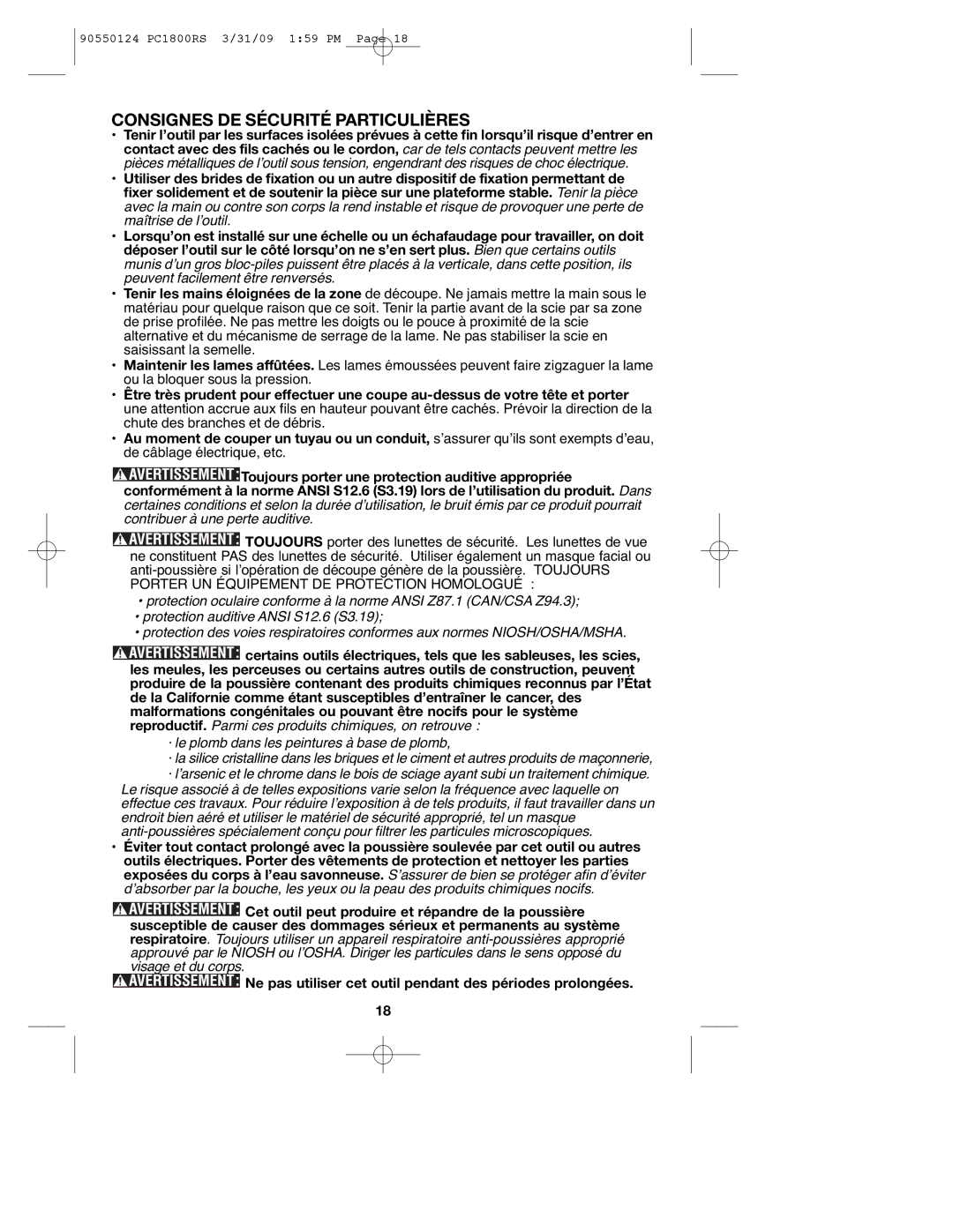 Porter-Cable PCL180RS, PC1800RS, 90550124 instruction manual Consignes DE Sécurité Particulières 