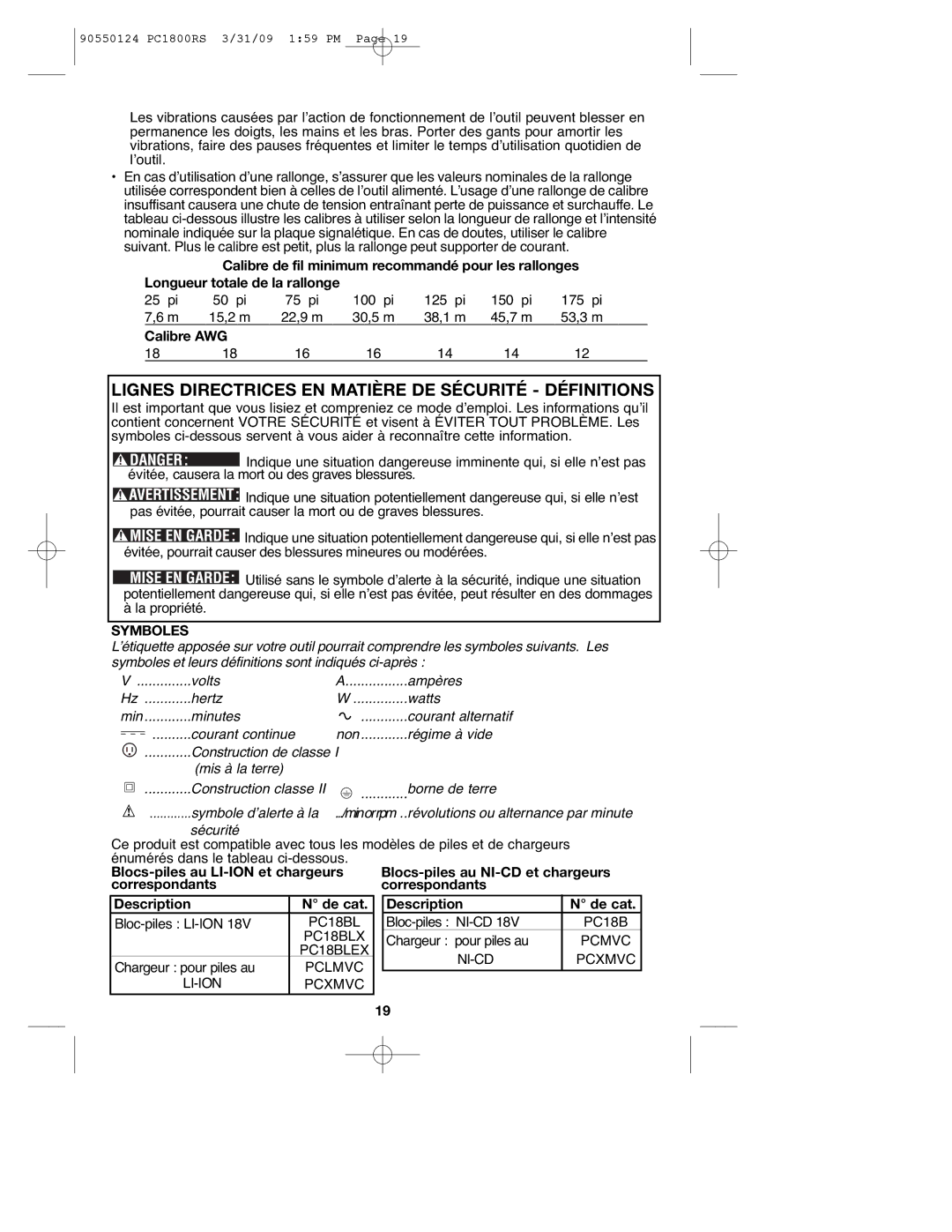 Porter-Cable PC1800RS, PCL180RS, 90550124 instruction manual Lignes Directrices EN Matière DE Sécurité Définitions, Symboles 