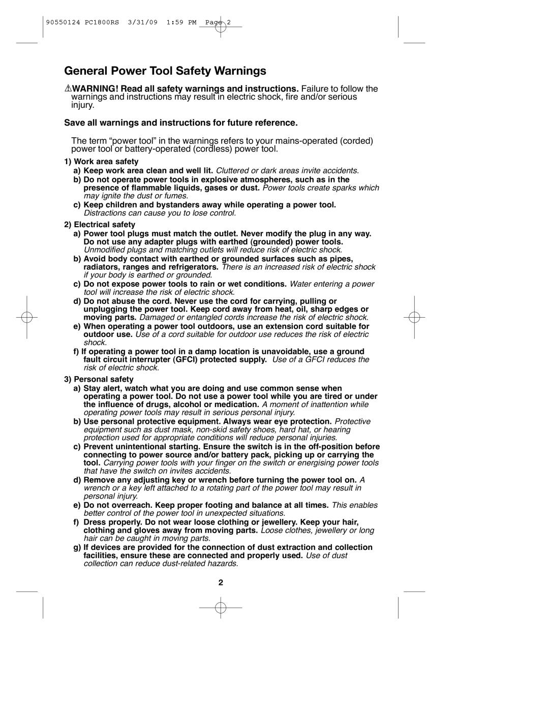 Porter-Cable 90550124, PCL180RS, PC1800RS instruction manual General Power Tool Safety Warnings 