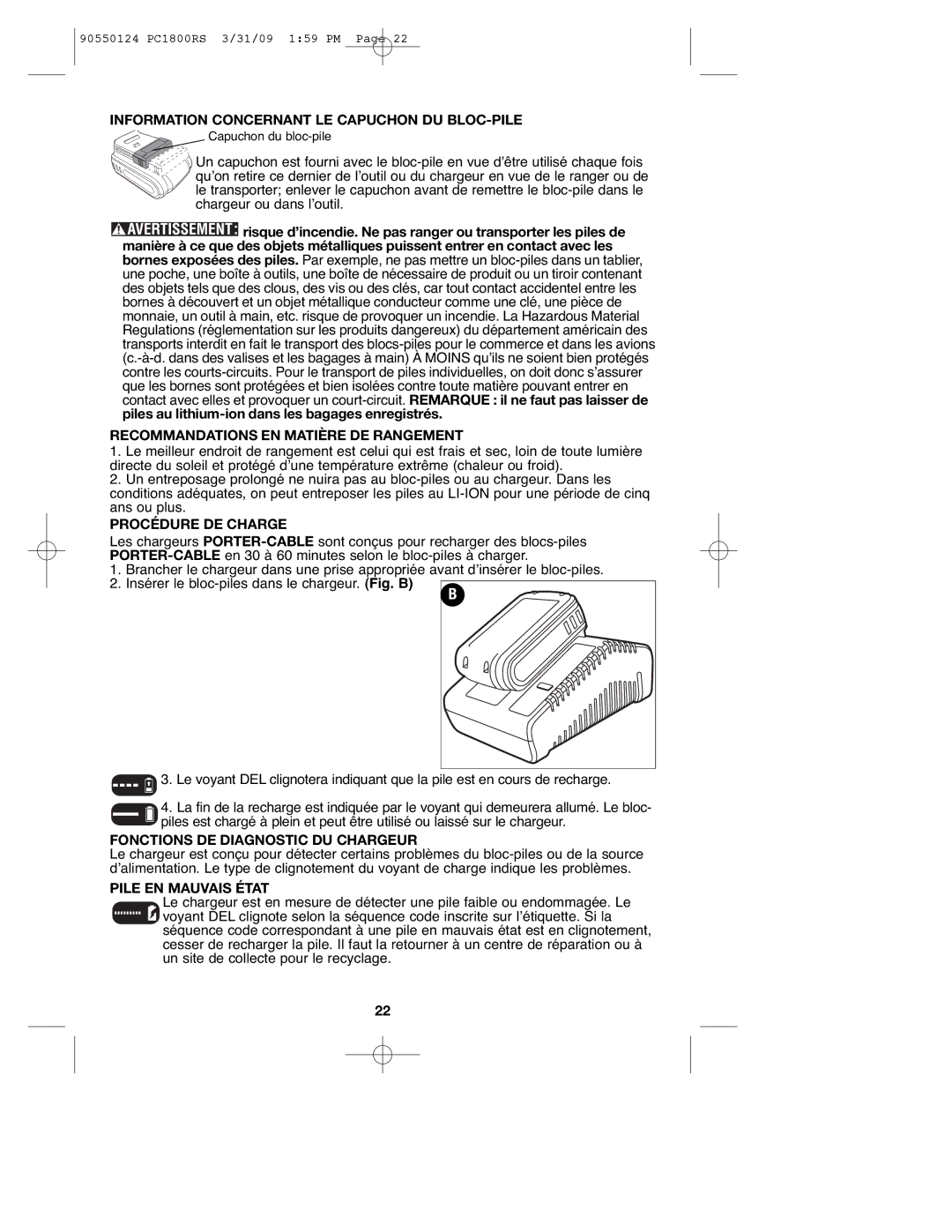 Porter-Cable PC1800RS, PCL180RS Information Concernant LE Capuchon DU BLOC-PILE, Recommandations EN Matière DE Rangement 