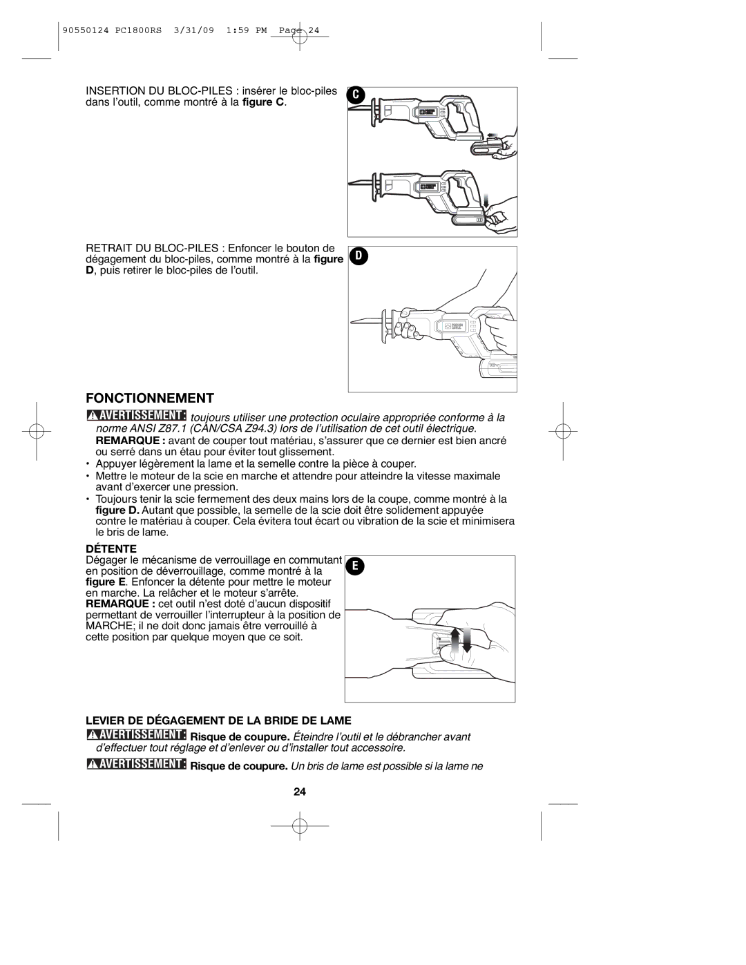 Porter-Cable PCL180RS, PC1800RS, 90550124 Fonctionnement, Détente, Levier DE Dégagement DE LA Bride DE Lame 