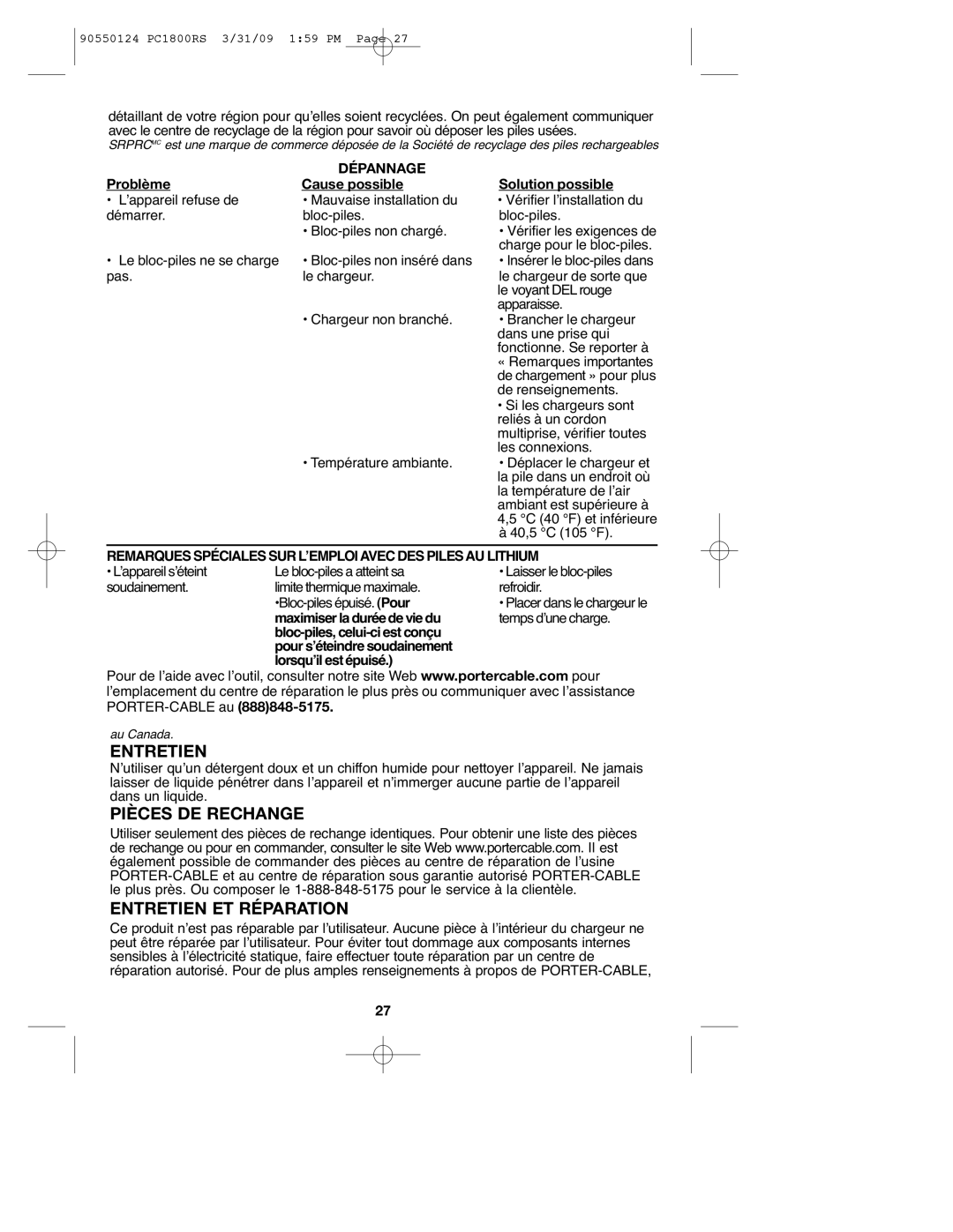 Porter-Cable PCL180RS, PC1800RS, 90550124 instruction manual Pièces DE Rechange Entretien ET Réparation, Dépannage 