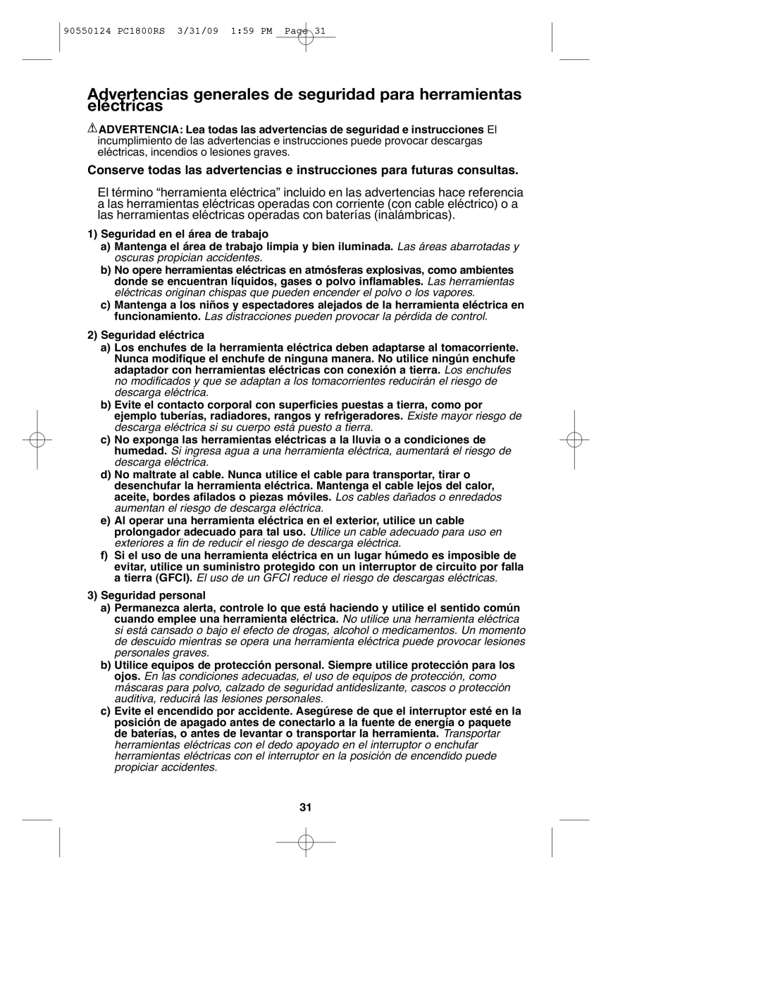 Porter-Cable PCL180RS instruction manual 90550124 PC1800RS 3/31/09 159 PM 