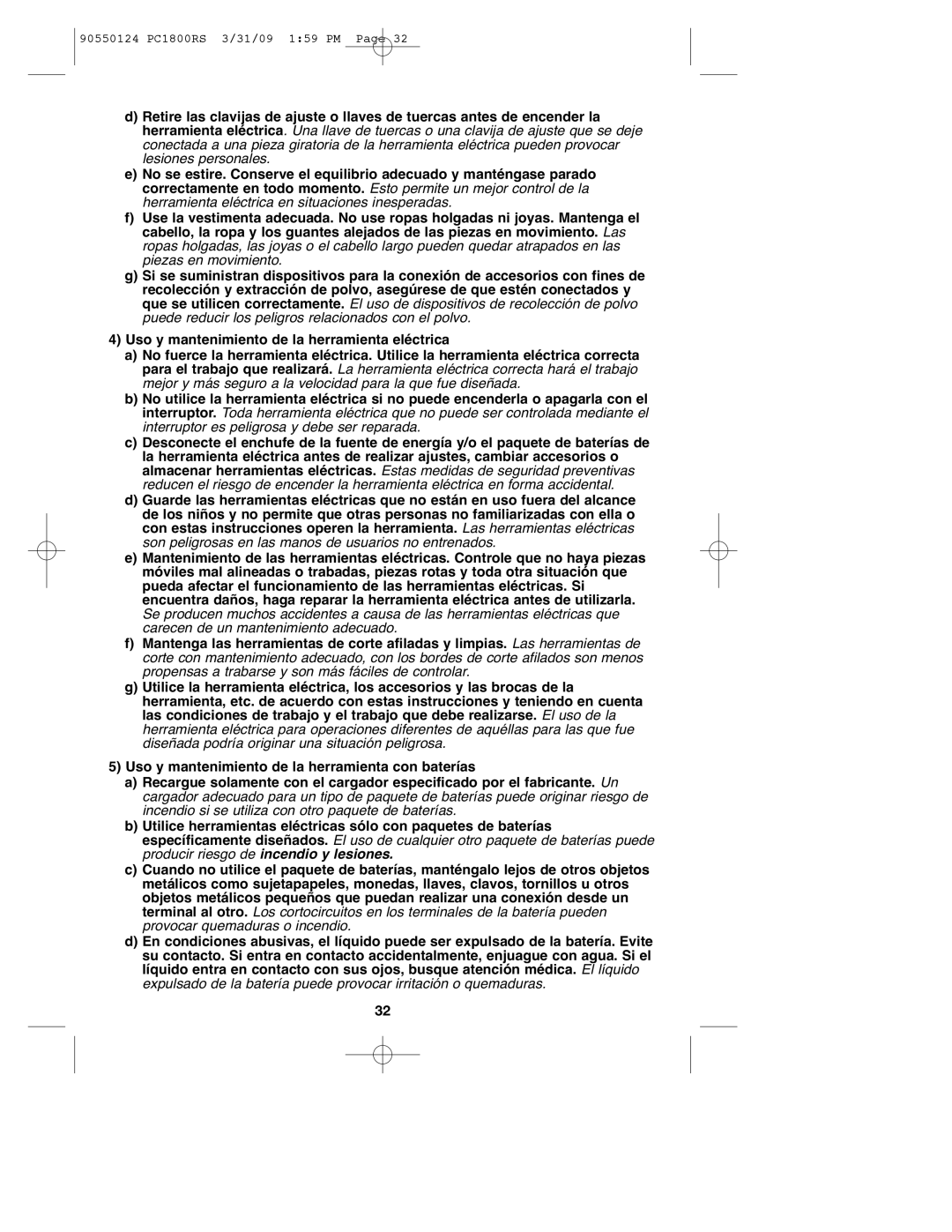 Porter-Cable PCL180RS instruction manual 90550124 PC1800RS 3/31/09 159 PM 