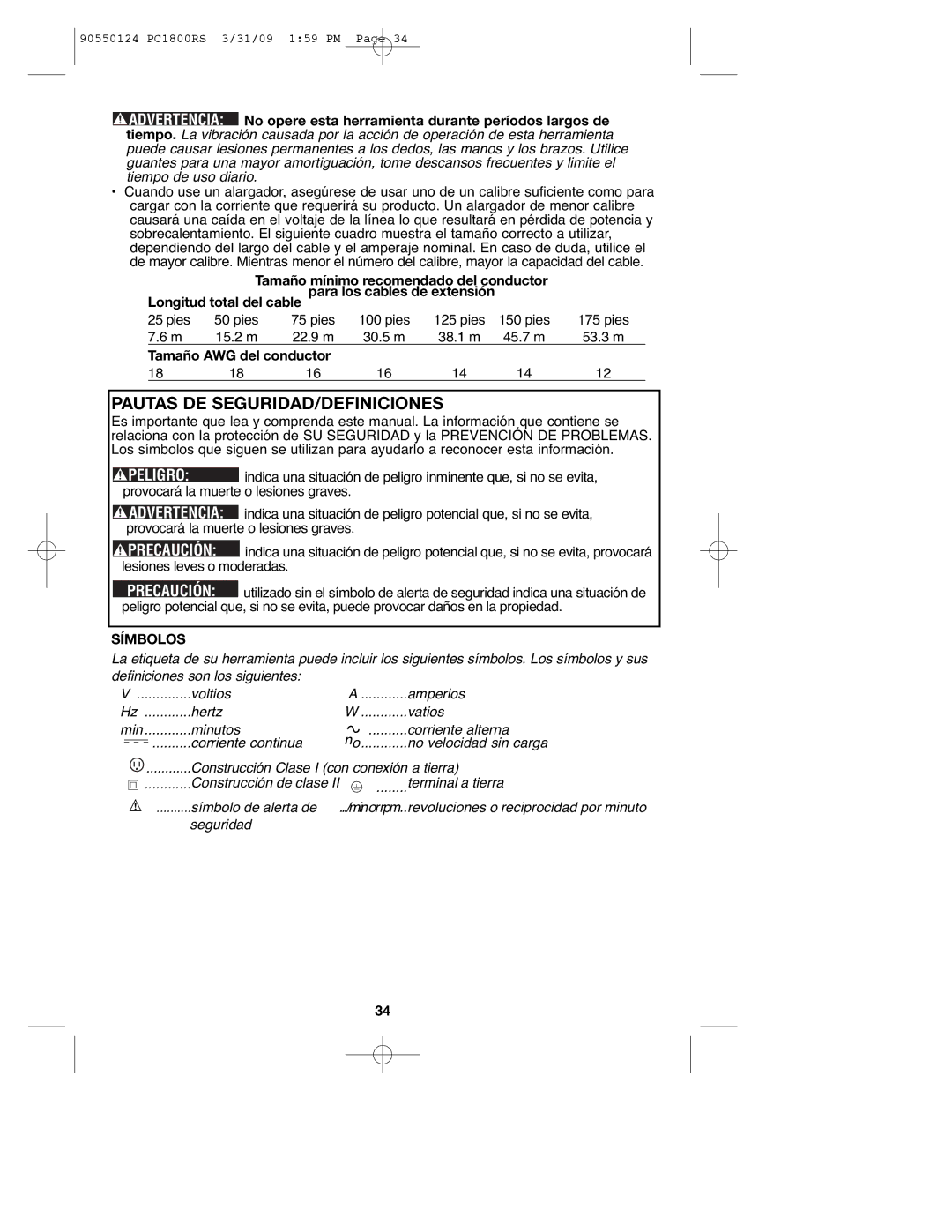 Porter-Cable PC1800RS, PCL180RS, 90550124 instruction manual Pautas DE SEGURIDAD/DEFINICIONES, Símbolos 