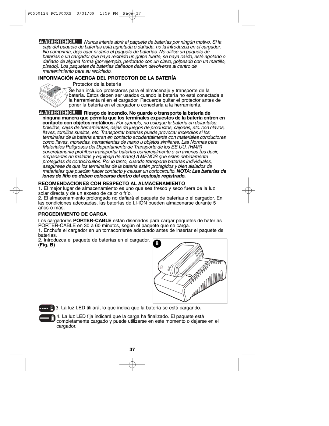 Porter-Cable PC1800RS Información Acerca DEL Protector DE LA Batería, Recomendaciones CON Respecto AL Almacenamiento 