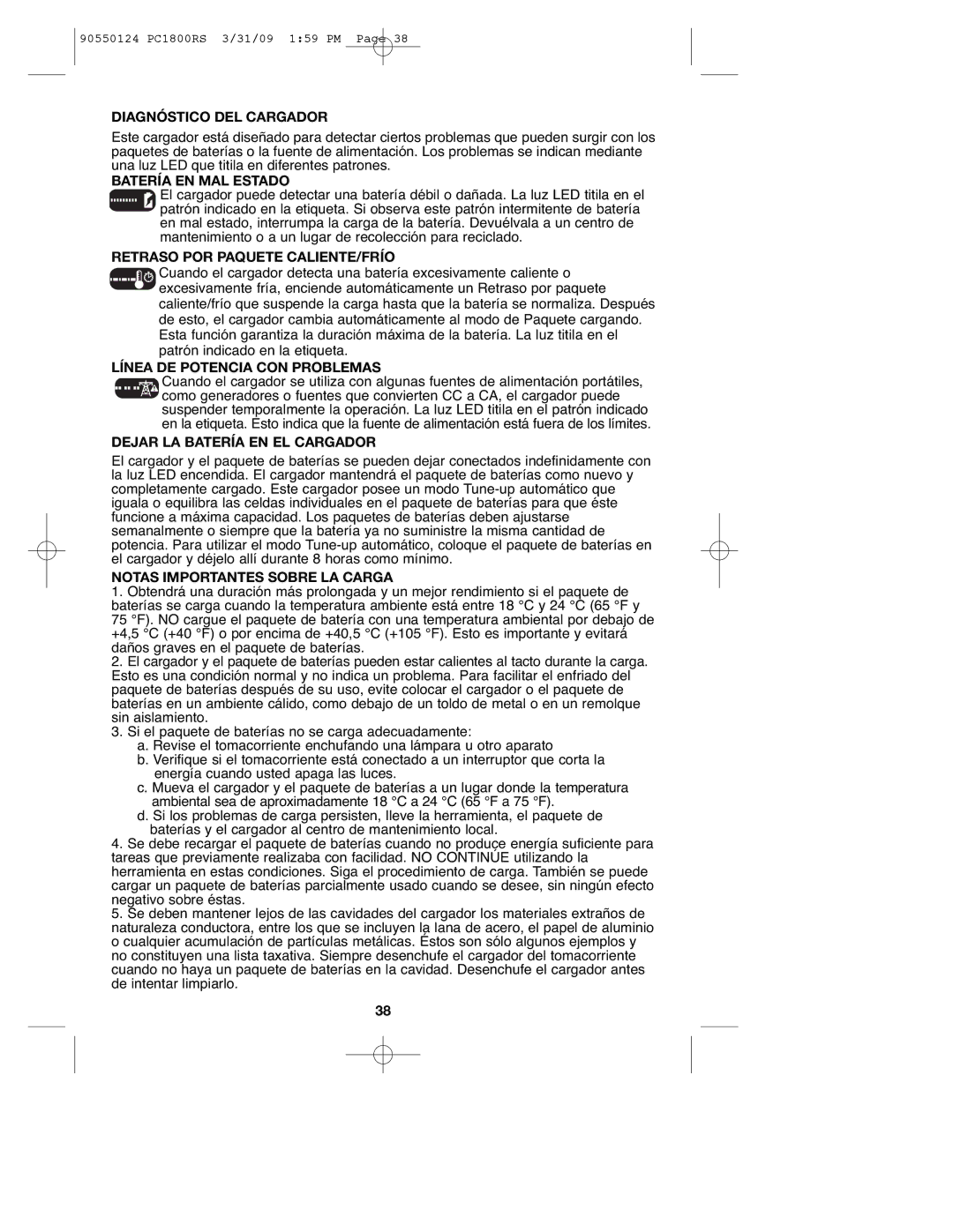 Porter-Cable 90550124, PCL180RS Diagnóstico DEL Cargador, Batería EN MAL Estado, Retraso POR Paquete CALIENTE/FRÍO 