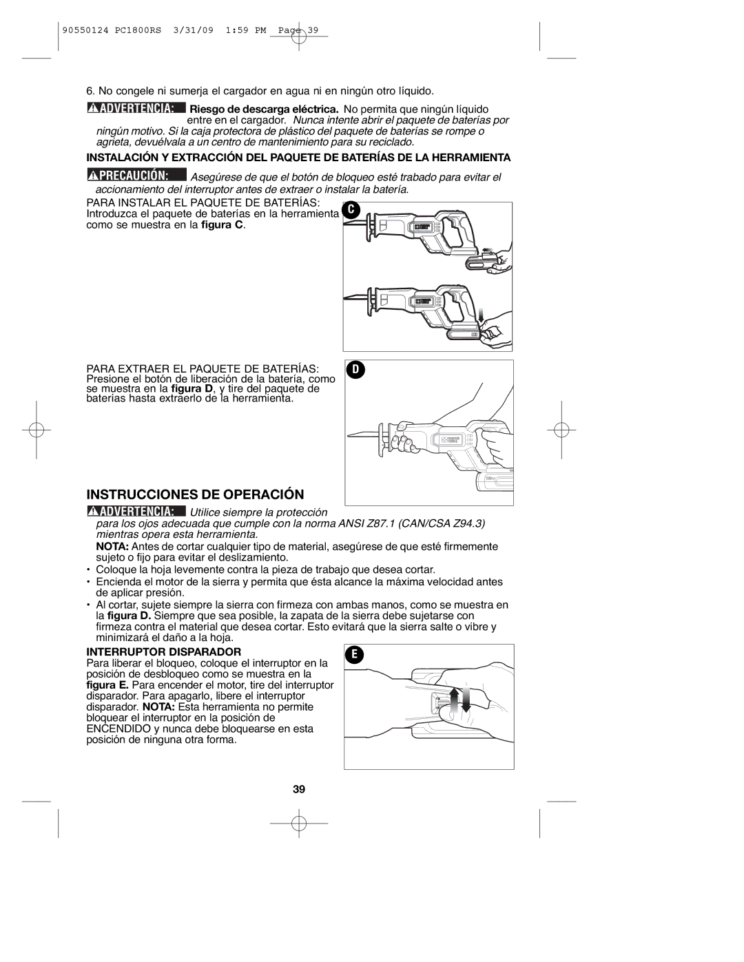 Porter-Cable PCL180RS, PC1800RS, 90550124 instruction manual Instrucciones DE Operación, Interruptor Disparador 