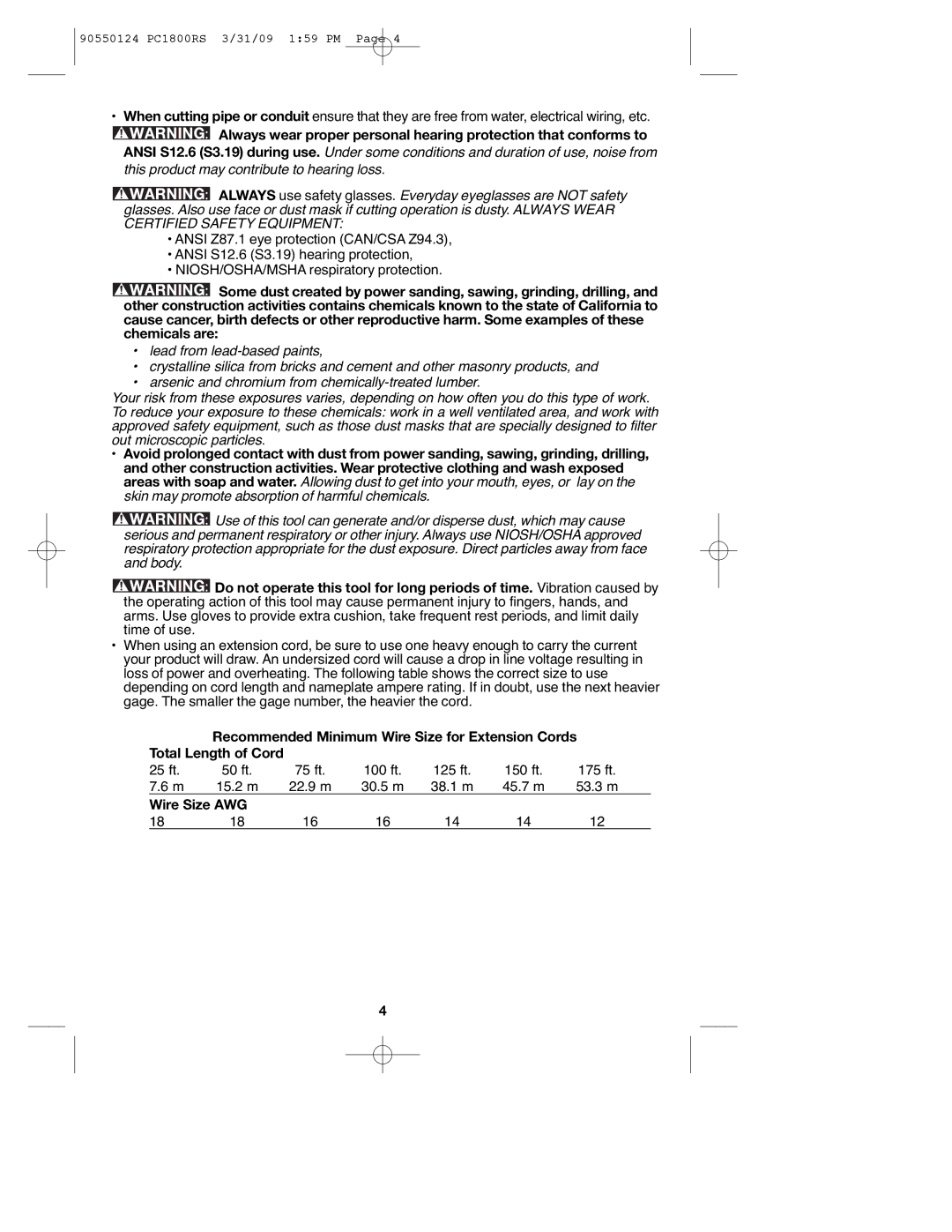 Porter-Cable PC1800RS, PCL180RS, 90550124 instruction manual Wire Size AWG 