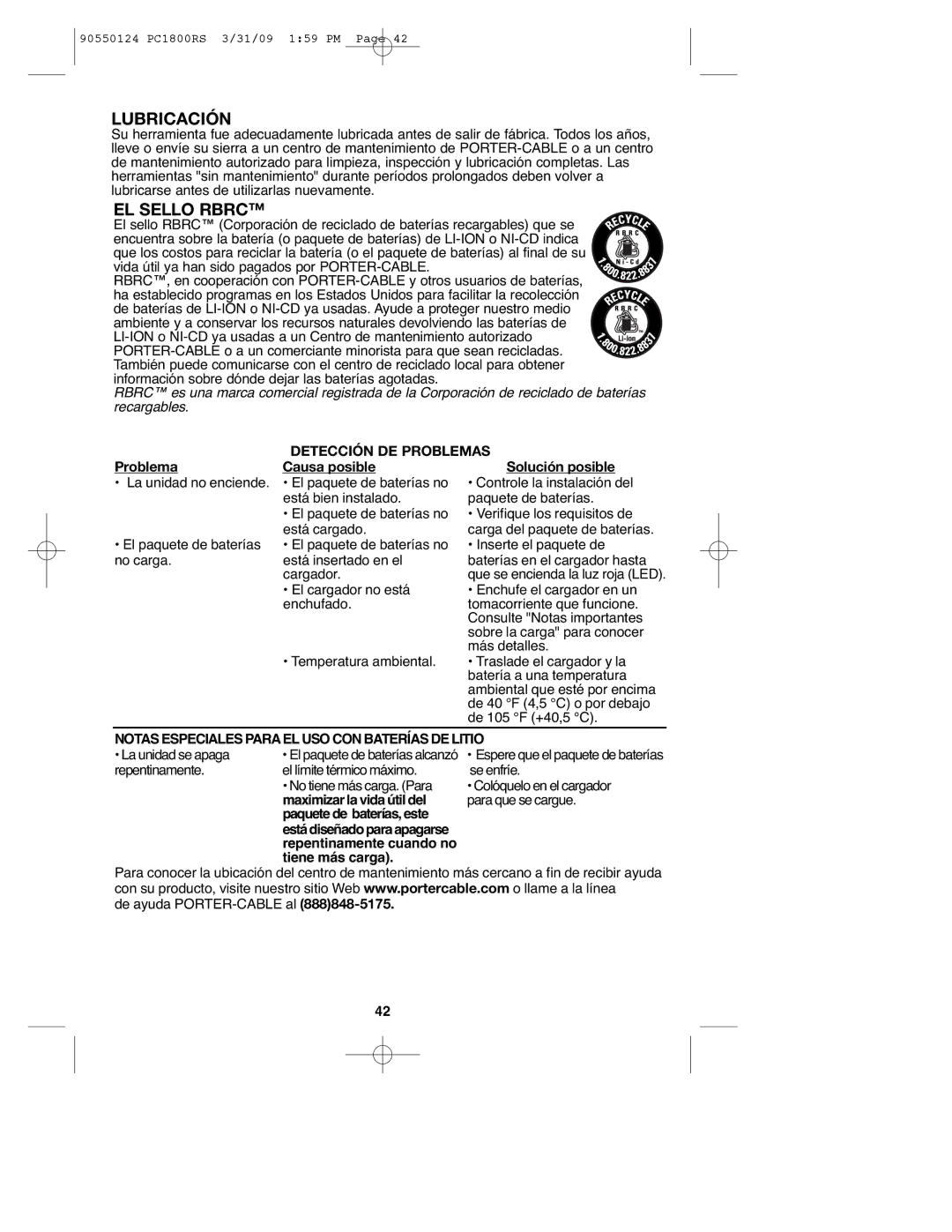 Porter-Cable PCL180RS, PC1800RS, 90550124 instruction manual Lubricación, EL Sello Rbrc, Detección DE Problemas 