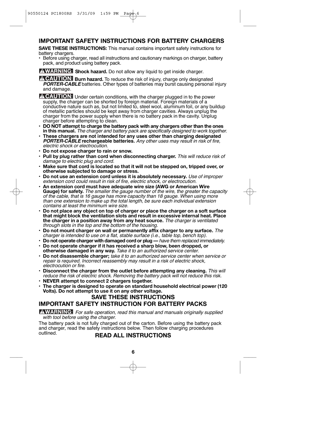 Porter-Cable PCL180RS, PC1800RS, 90550124 instruction manual Important Safety Instructions for Battery Chargers 