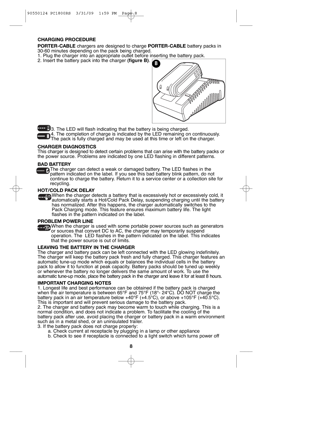 Porter-Cable 90550124 Charging Procedure, Charger Diagnostics, BAD Battery, HOT/COLD Pack Delay, Problem Power Line 