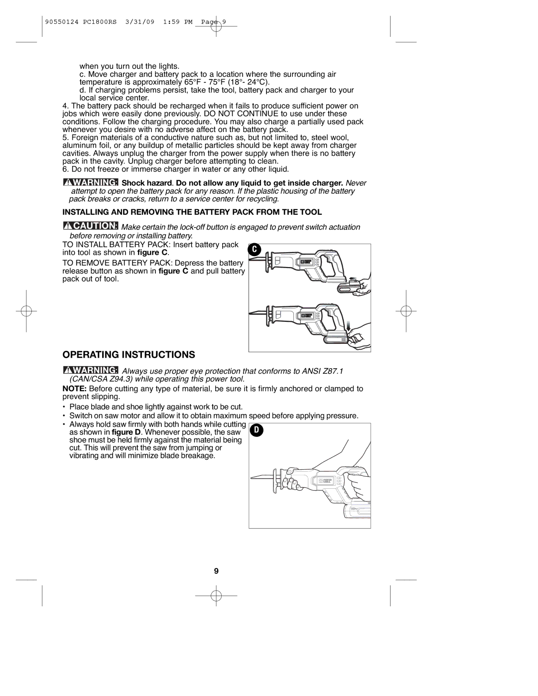 Porter-Cable PCL180RS, PC1800RS, 90550124 Operating Instructions, Installing and Removing the Battery Pack from the Tool 