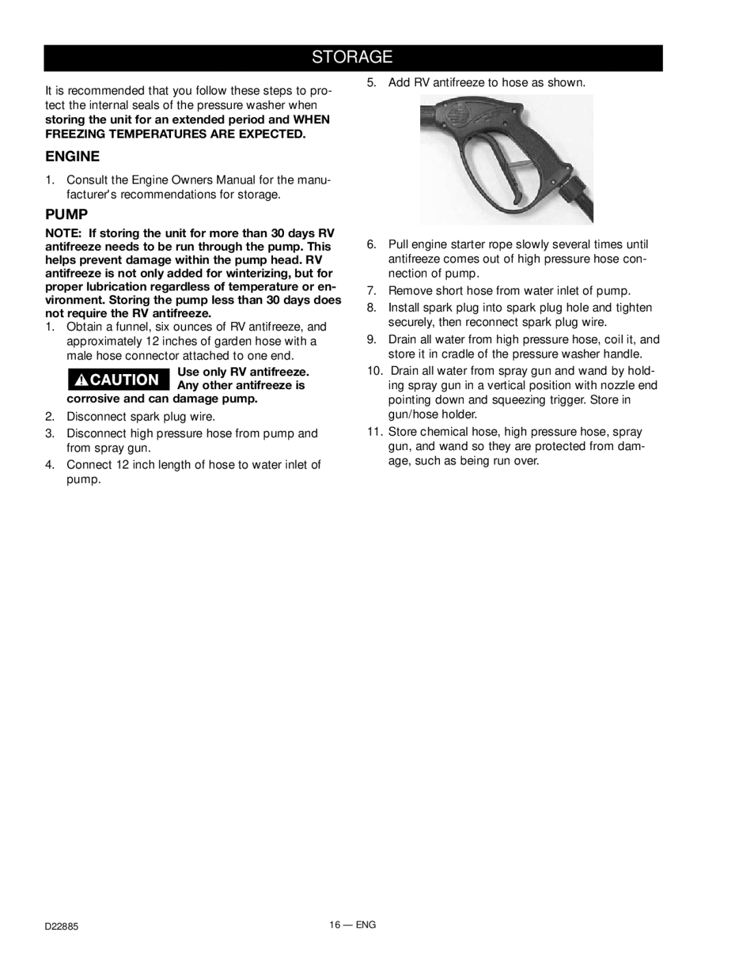 Porter-Cable D22885-011-0, PCV2021, PCH2425, PCH3030, PCH3540HR, PCH2627 instruction manual Storage, Engine Pump 