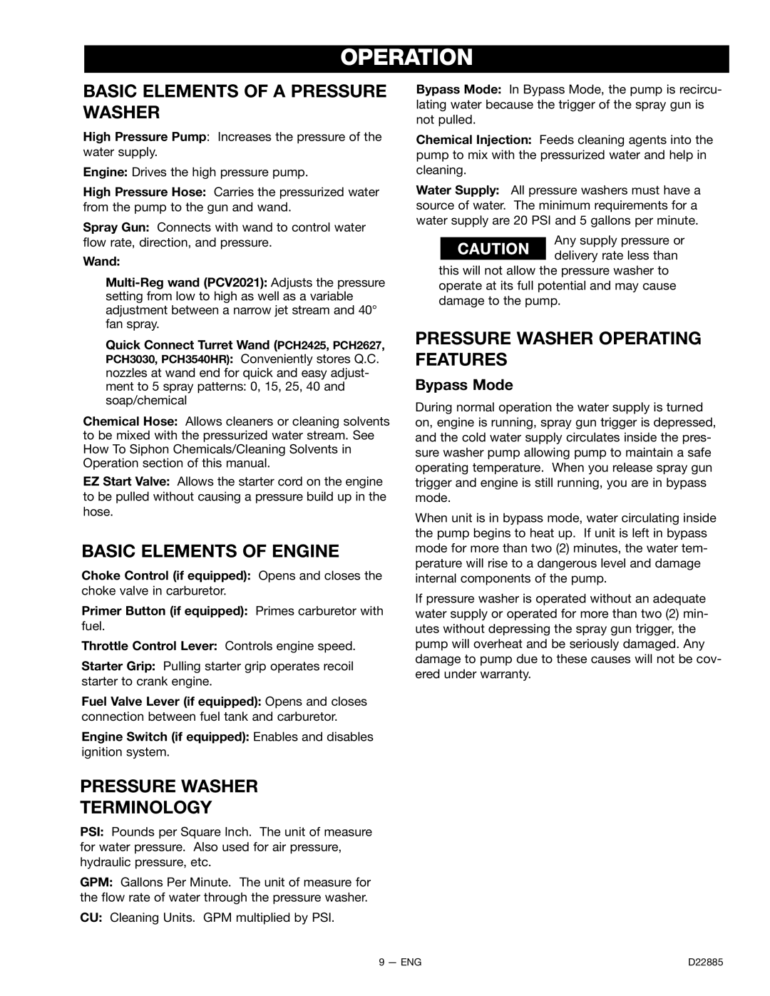 Porter-Cable PCH3540HR, PCV2021, PCH2425, PCH3030 Operation, Basic Elements of a Pressure Washer, Basic Elements of Engine 