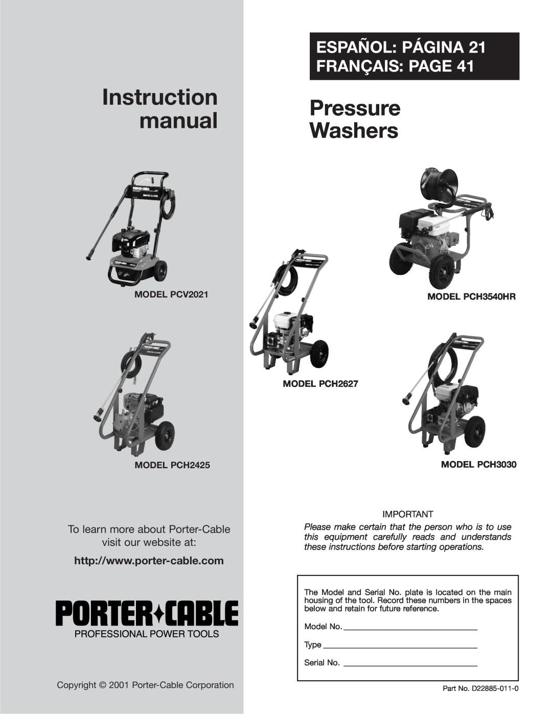 Porter-Cable PCH2425, PCV2021, PCH3030 instruction manual Español Página Français Page, Instruction Pressure manual Washers 