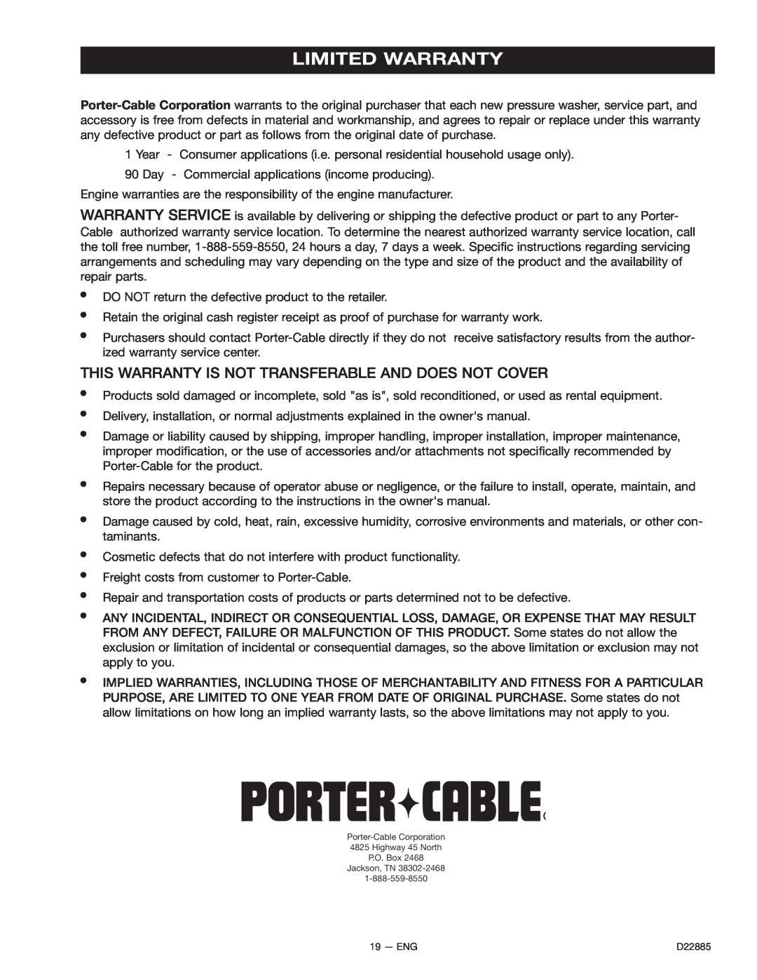 Porter-Cable PCH2425, PCV2021, PCH3030, PCH3540HR Limited Warranty, This Warranty Is Not Transferable And Does Not Cover 