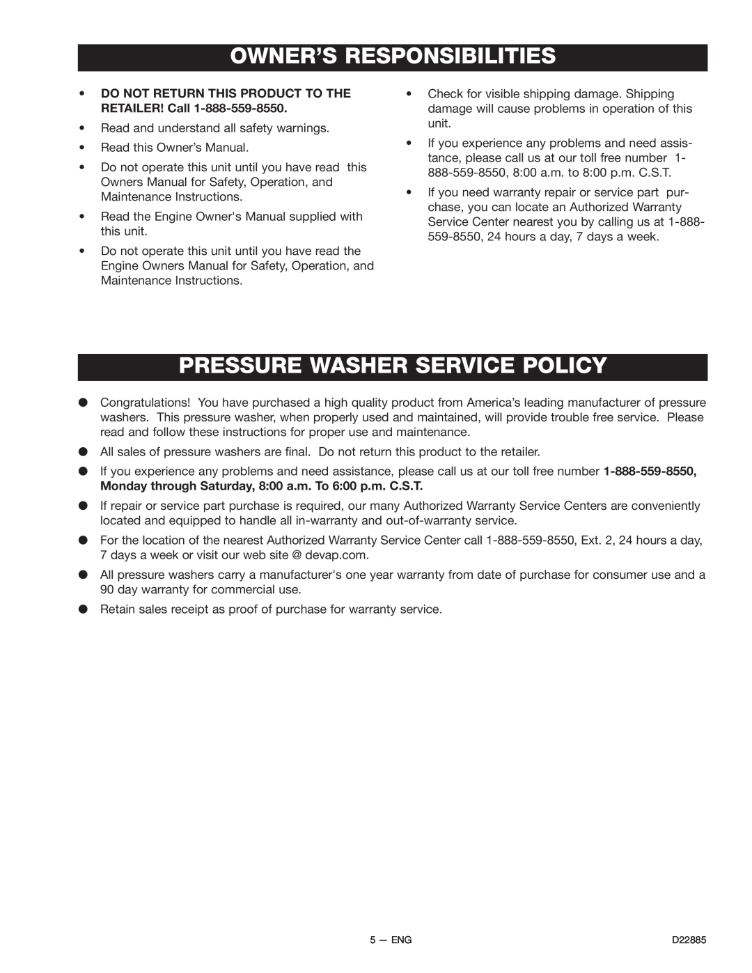 Porter-Cable PCH2627, PCV2021, PCH2425, PCH3030, PCH3540HR Owner’S Responsibilities, Pressure Washer Service Policy 