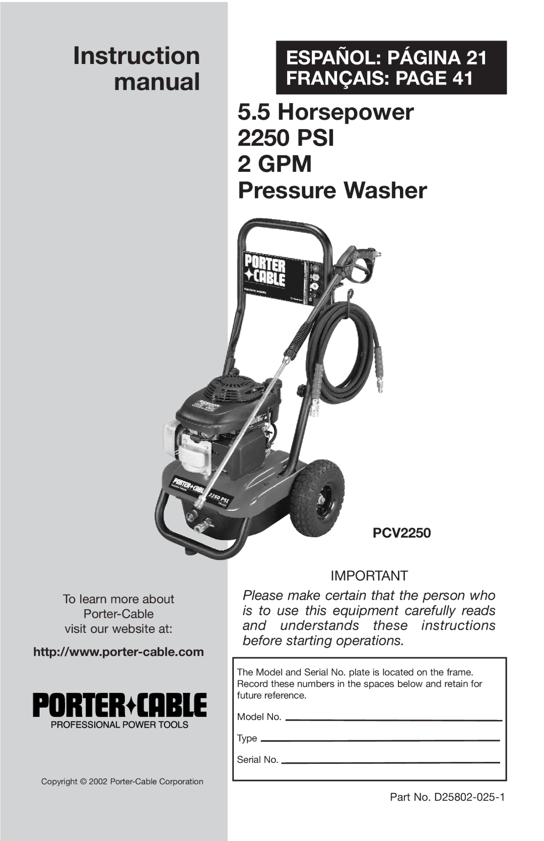 Porter-Cable PCV2250 instruction manual Instruction 