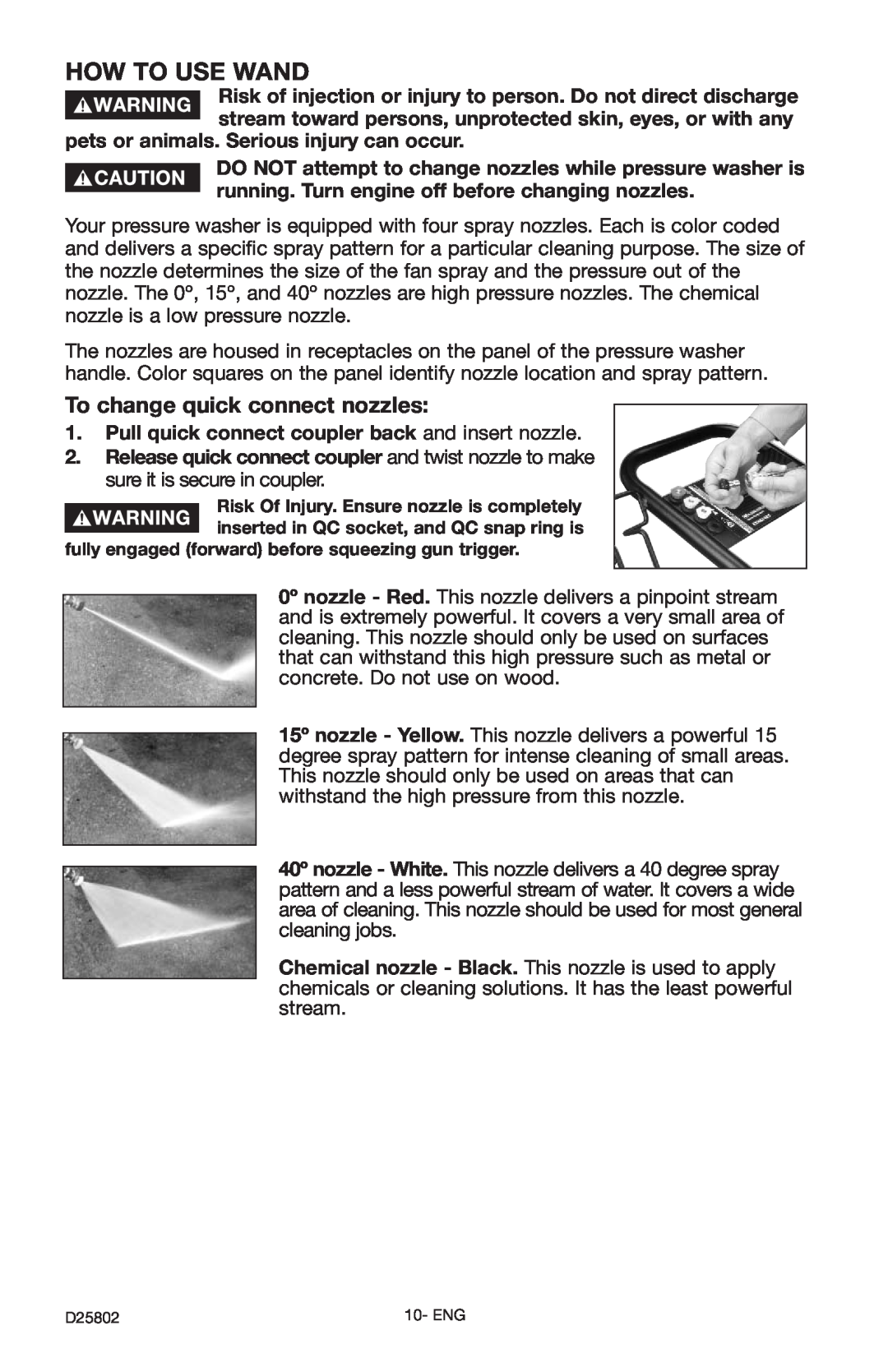 Porter-Cable PCV2250 instruction manual How To Use Wand, To change quick connect nozzles 