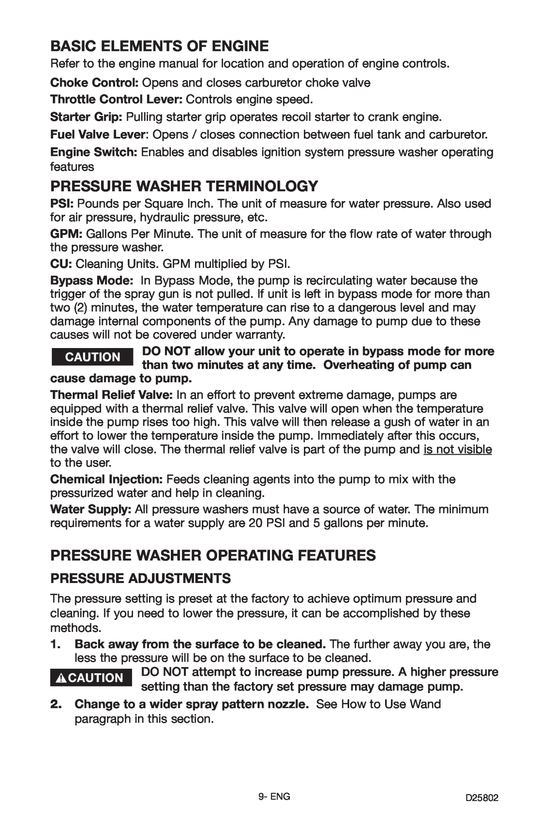 Porter-Cable PCV2250 Basic Elements Of Engine, Pressure Washer Terminology, Pressure Washer Operating Features 