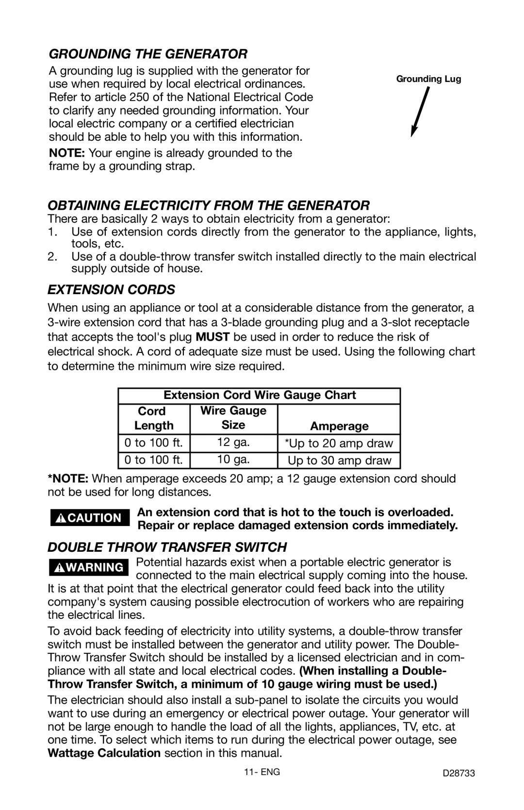 Porter-Cable D28733-034-0, PGN350 Grounding the Generator, Obtaining Electricity from the Generator, Extension Cords 