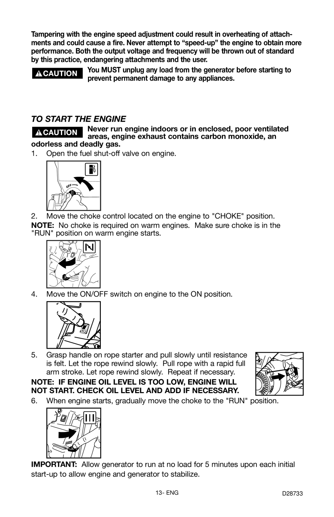 Porter-Cable D28733-034-0, PGN350 instruction manual To Start the Engine 