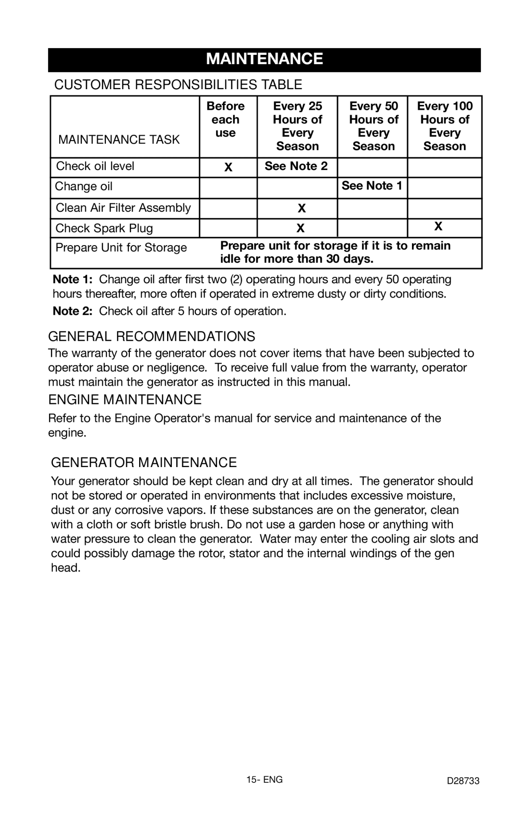 Porter-Cable D28733-034-0, PGN350 Customer Responsibilities Table, General Recommendations, Engine Maintenance 