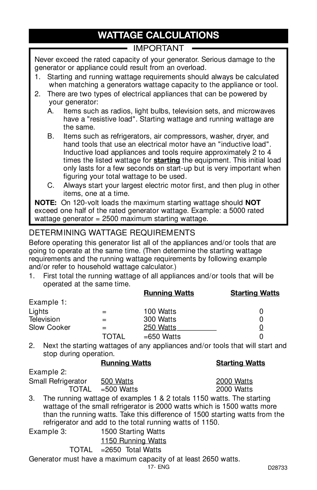 Porter-Cable D28733-034-0, PGN350 instruction manual Wattage Calculations, Determining Wattage Requirements, Total 