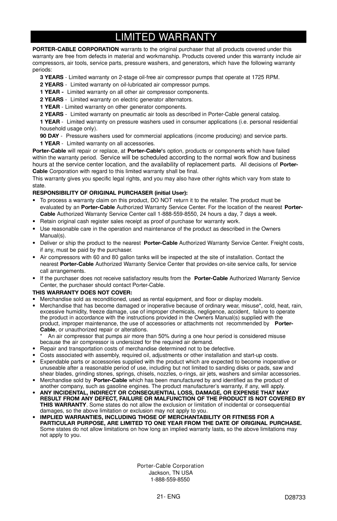 Porter-Cable D28733-034-0, PGN350 instruction manual Limited Warranty, Responsibility of Original Purchaser initial User 