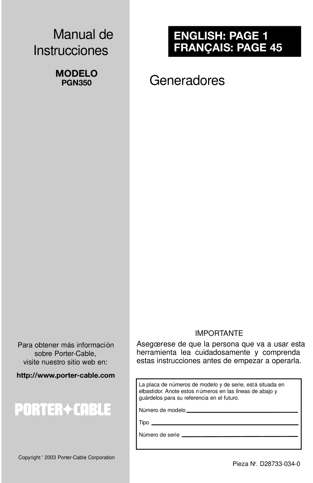 Porter-Cable D28733-034-0, PGN350 instruction manual Generadores, Modelo 