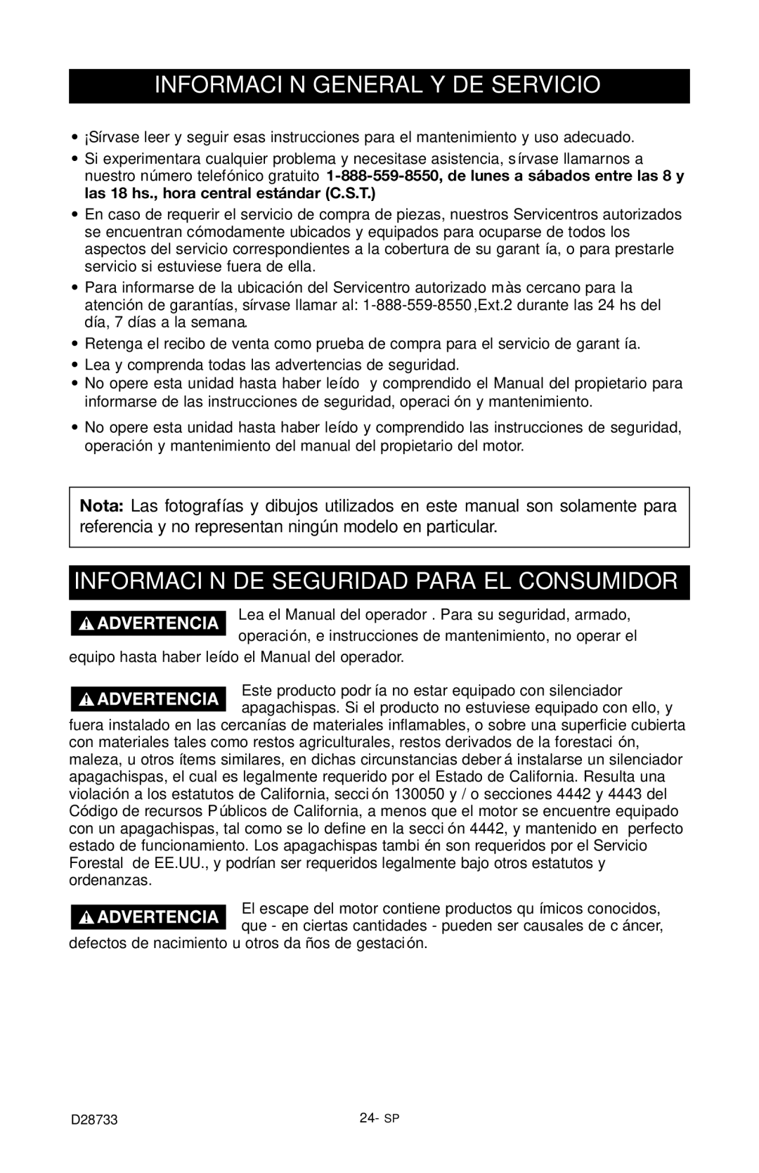 Porter-Cable PGN350, D28733-034-0 instruction manual Información General Y DE Servicio 