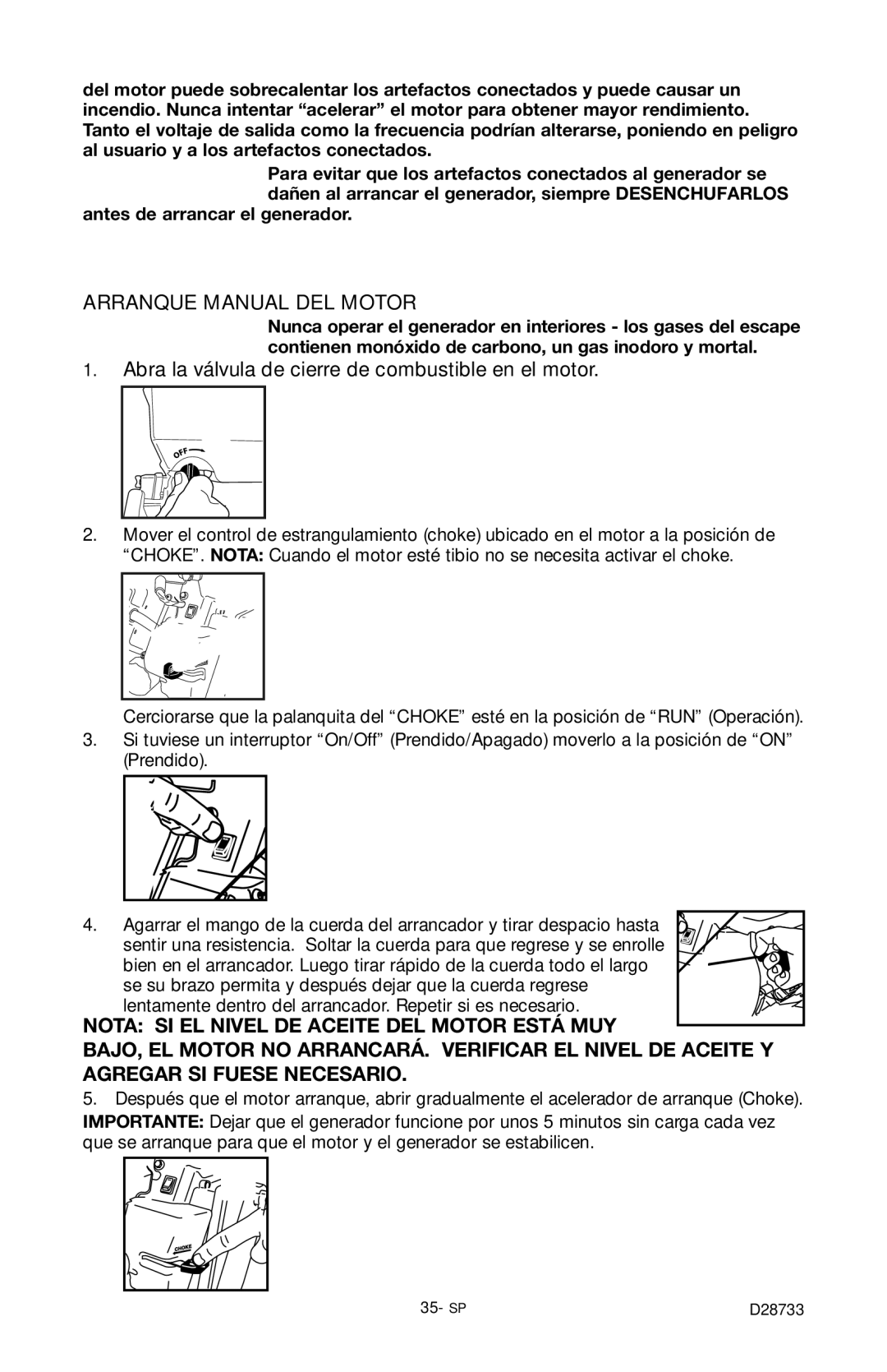 Porter-Cable D28733-034-0, PGN350 instruction manual Arranque Manual DEL Motor, Antes de arrancar el generador 