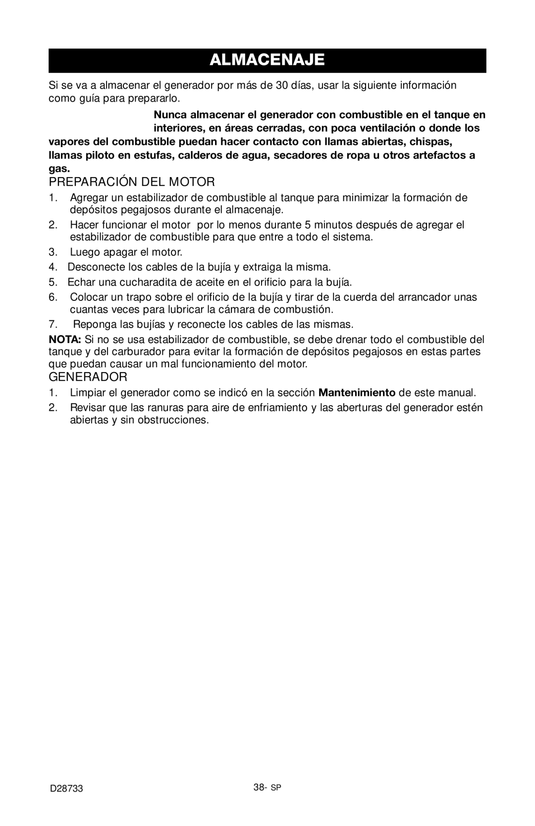 Porter-Cable PGN350, D28733-034-0 instruction manual Almacenaje, Preparación DEL Motor, Generador 