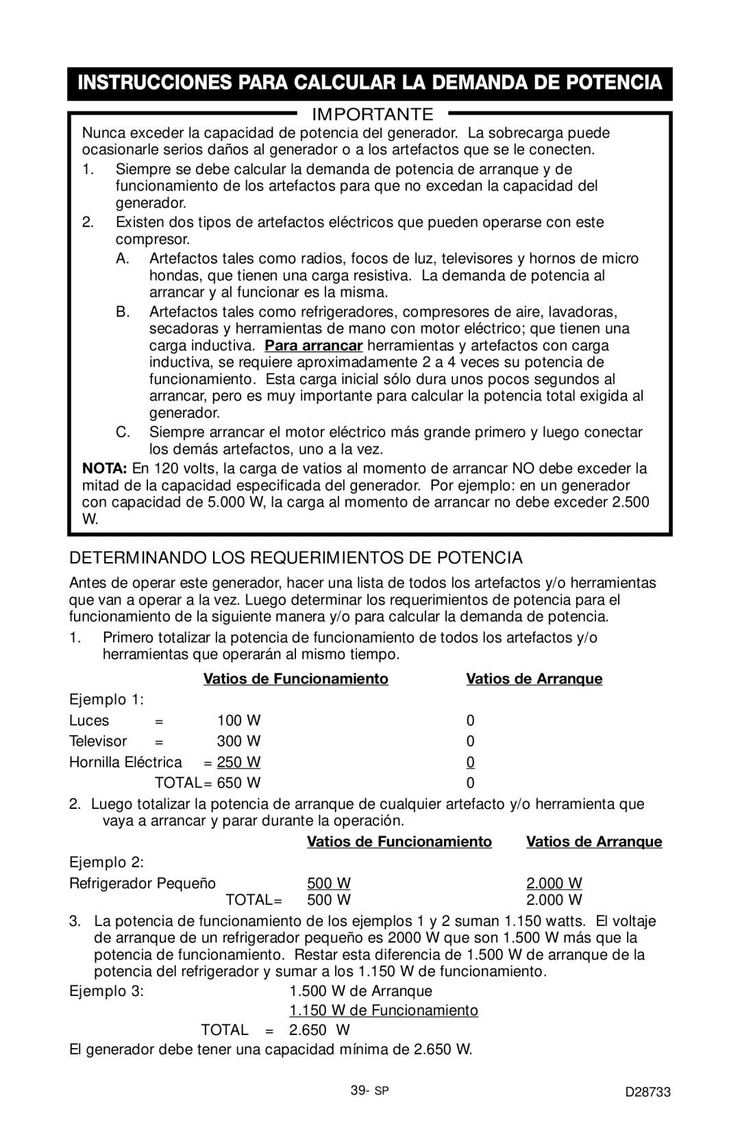 Porter-Cable D28733-034-0, PGN350 Importante, Determinando LOS Requerimientos DE Potencia, Vatios de Funcionamiento 