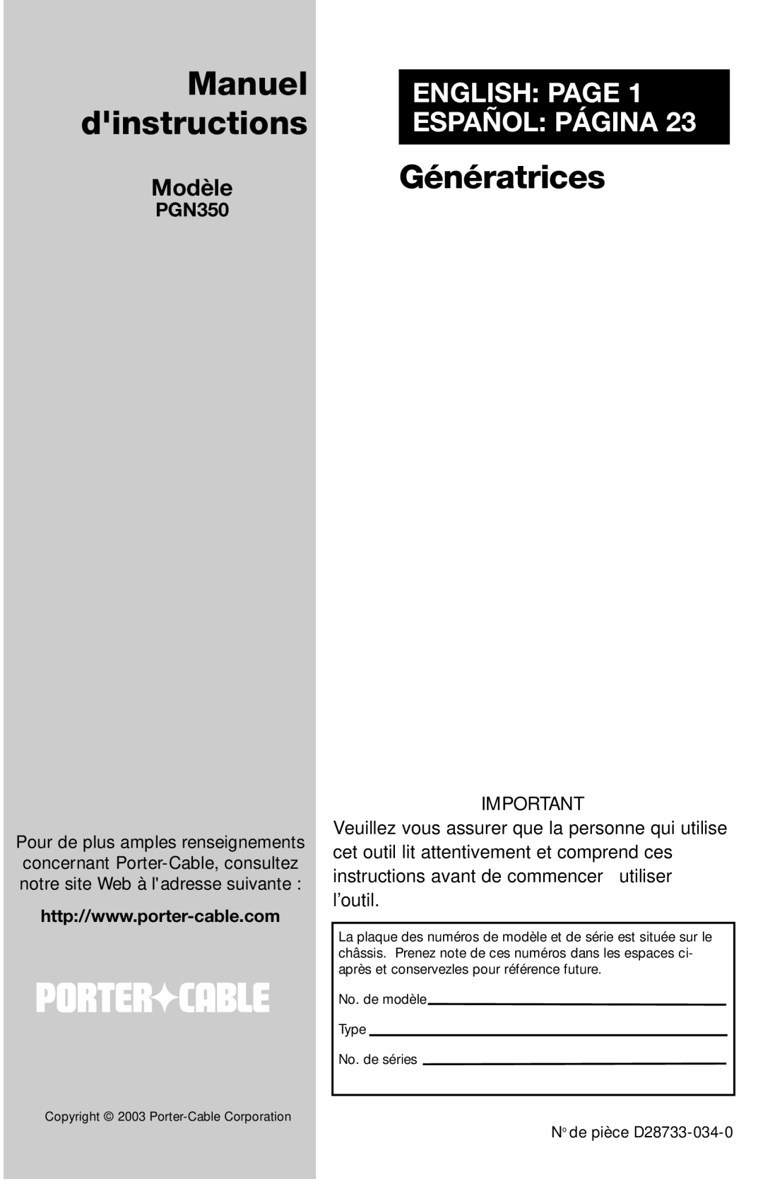 Porter-Cable D28733-034-0, PGN350 instruction manual Manuel 