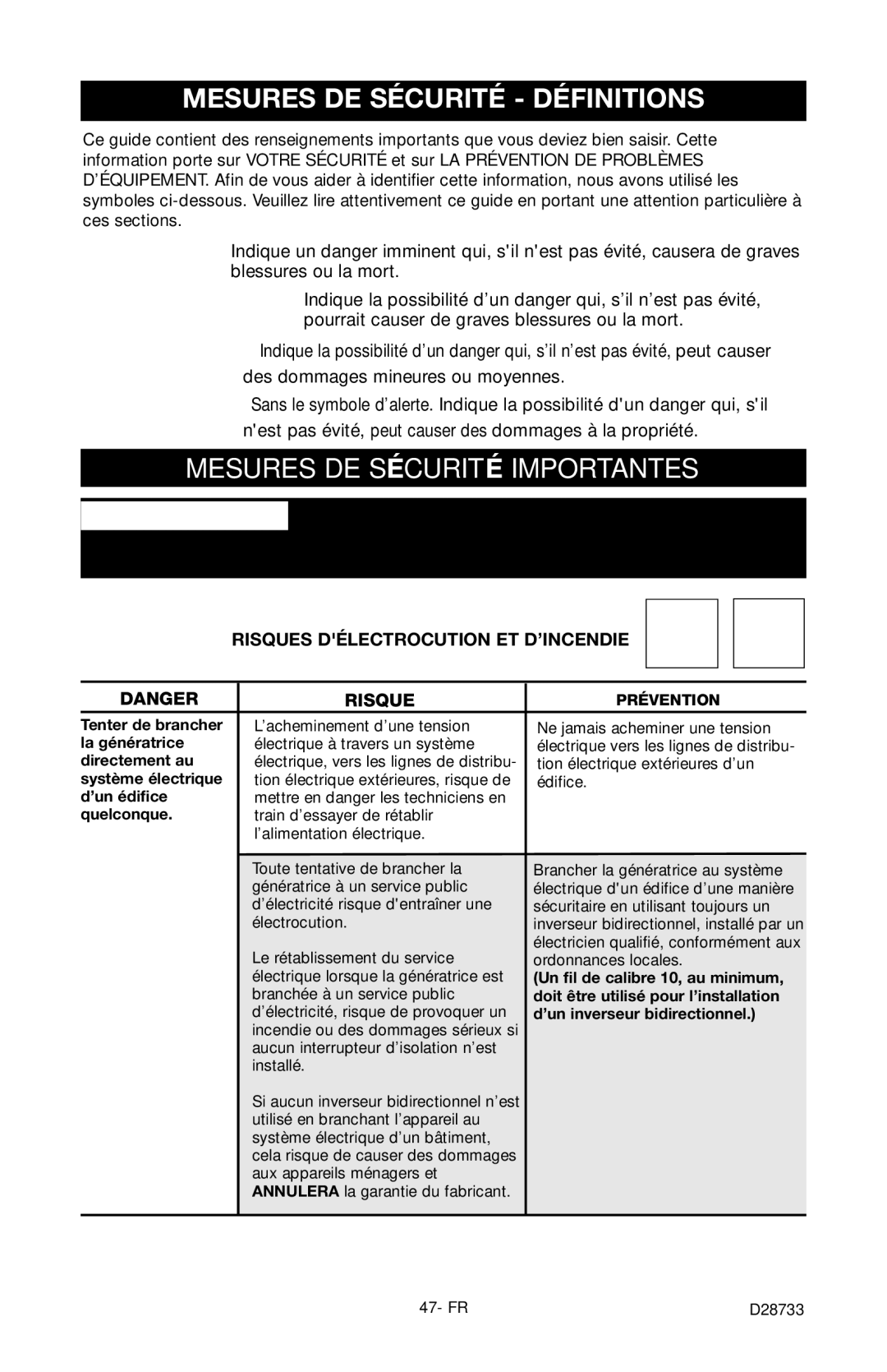 Porter-Cable D28733-034-0, PGN350 instruction manual Mesures DE Sécurité Définitions, Mesures DE Sécurité Importantes 