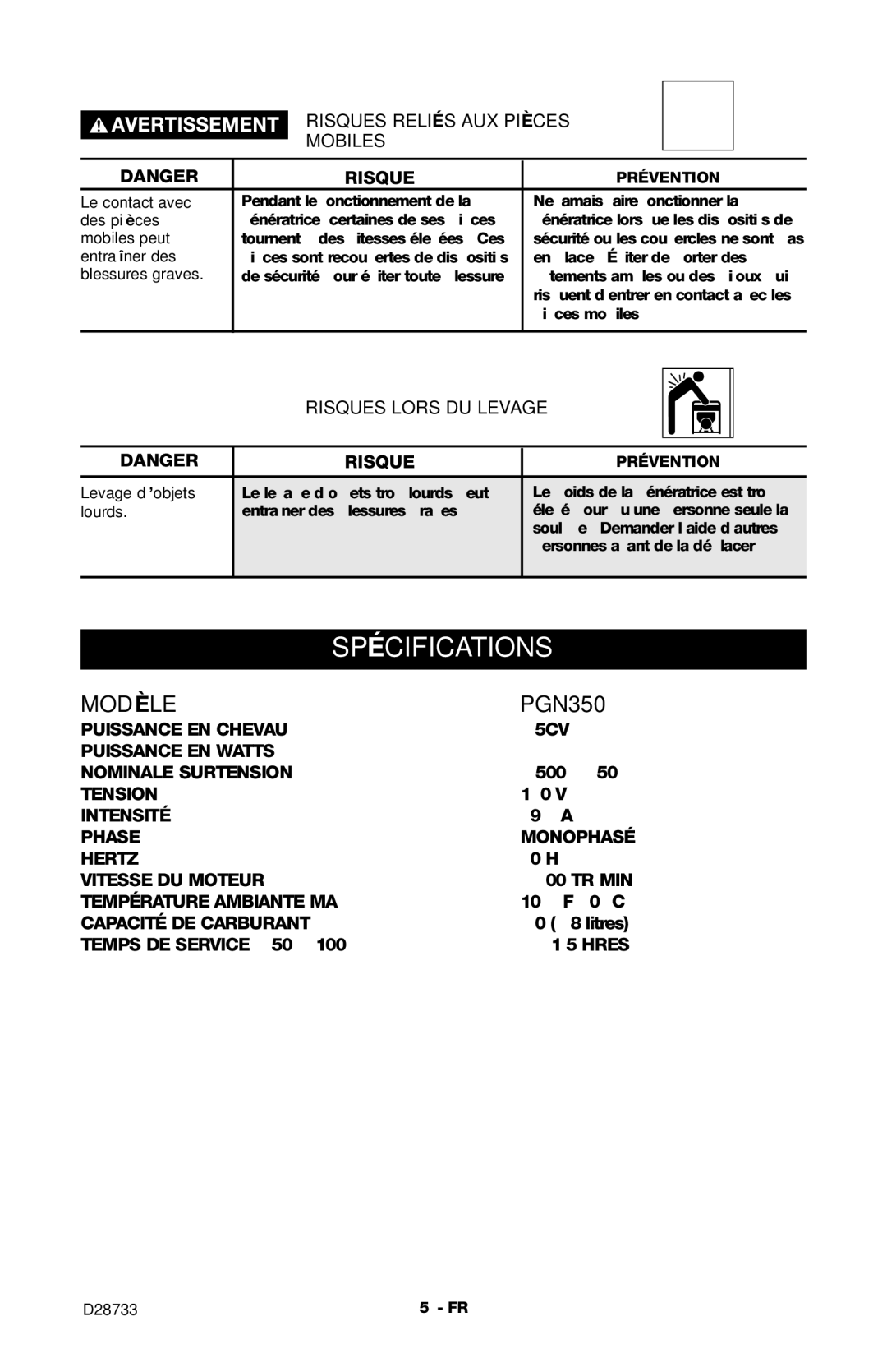 Porter-Cable PGN350, D28733-034-0 Spécifications, Risques Reliés AUX Pièces Mobiles, Risques Lors DU Levage 