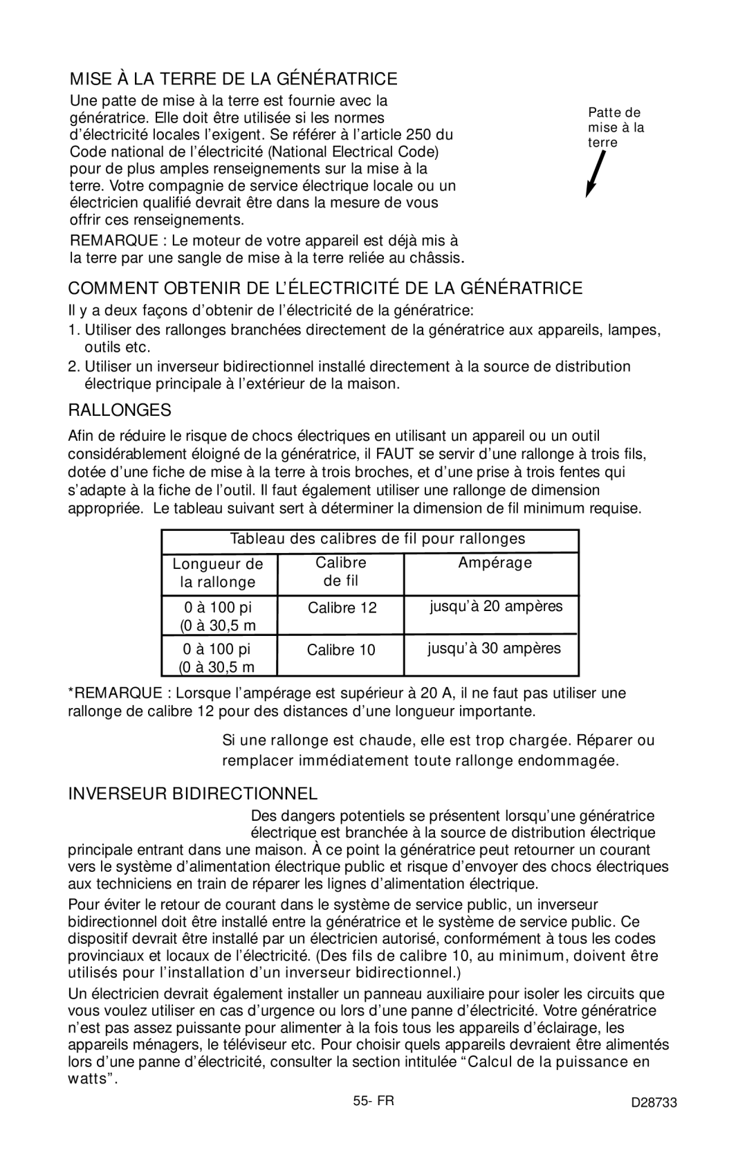 Porter-Cable D28733-034-0 Mise À LA Terre DE LA Génératrice, Comment Obtenir DE L’ÉLECTRICITÉ DE LA Génératrice, Rallonges 