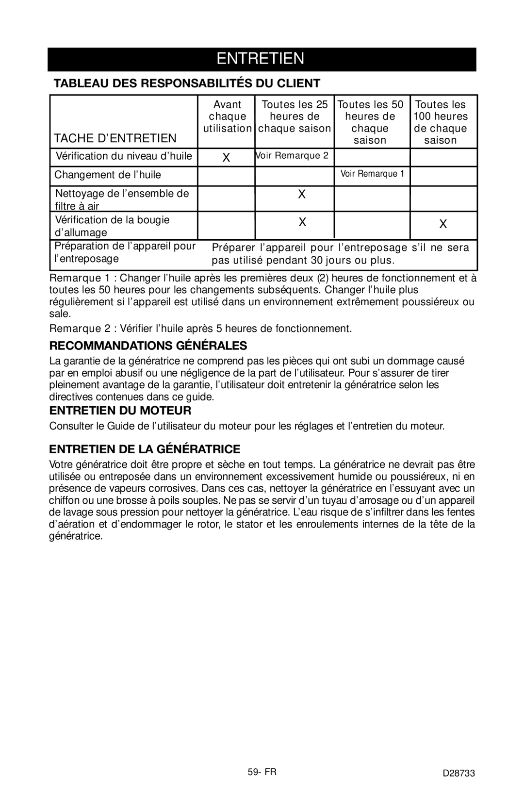 Porter-Cable D28733-034-0 Tableau DES Responsabilités DU Client, Recommandations Générales, Entretien DU Moteur 