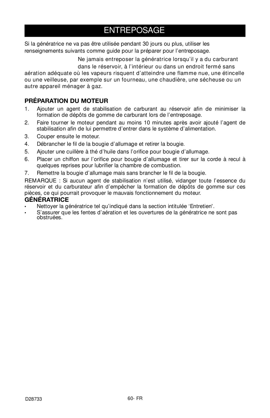 Porter-Cable PGN350, D28733-034-0 instruction manual Entreposage, Préparation DU Moteur, Génératrice 