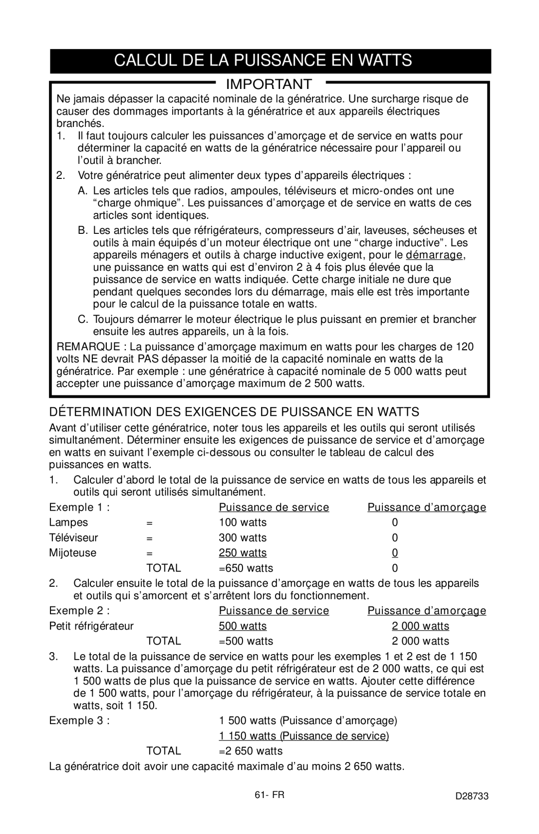 Porter-Cable D28733-034-0, PGN350 Calcul DE LA Puissance EN Watts, Détermination DES Exigences DE Puissance EN Watts 