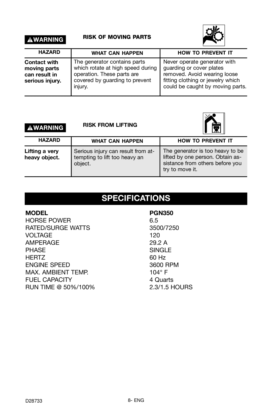 Porter-Cable PGN350, D28733-034-0 instruction manual Specifications, Risk of Moving Parts, Risk from Lifting 